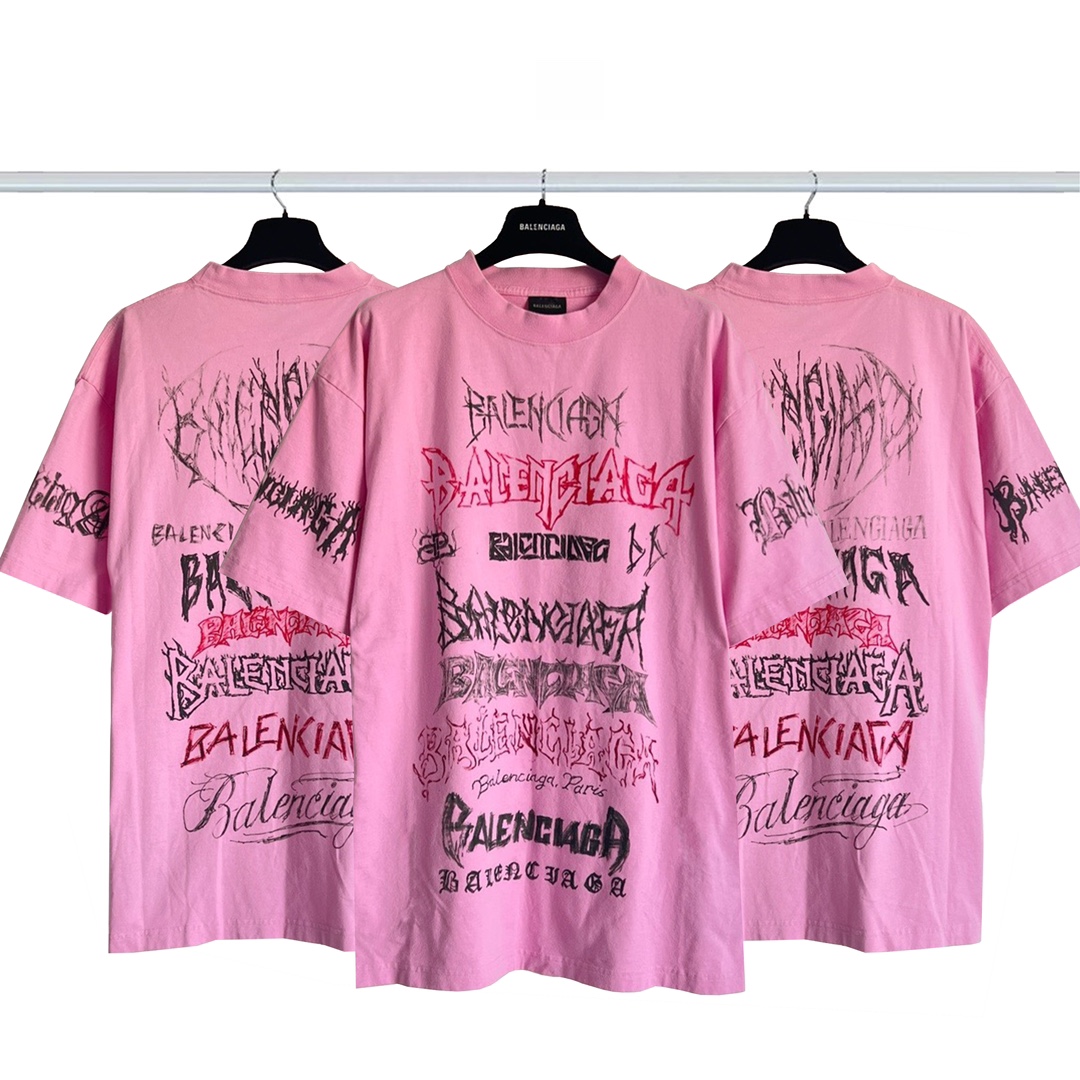 Balenciaga Clothing T-Shirt Doodle Pink Printing Combed Cotton Short Sleeve