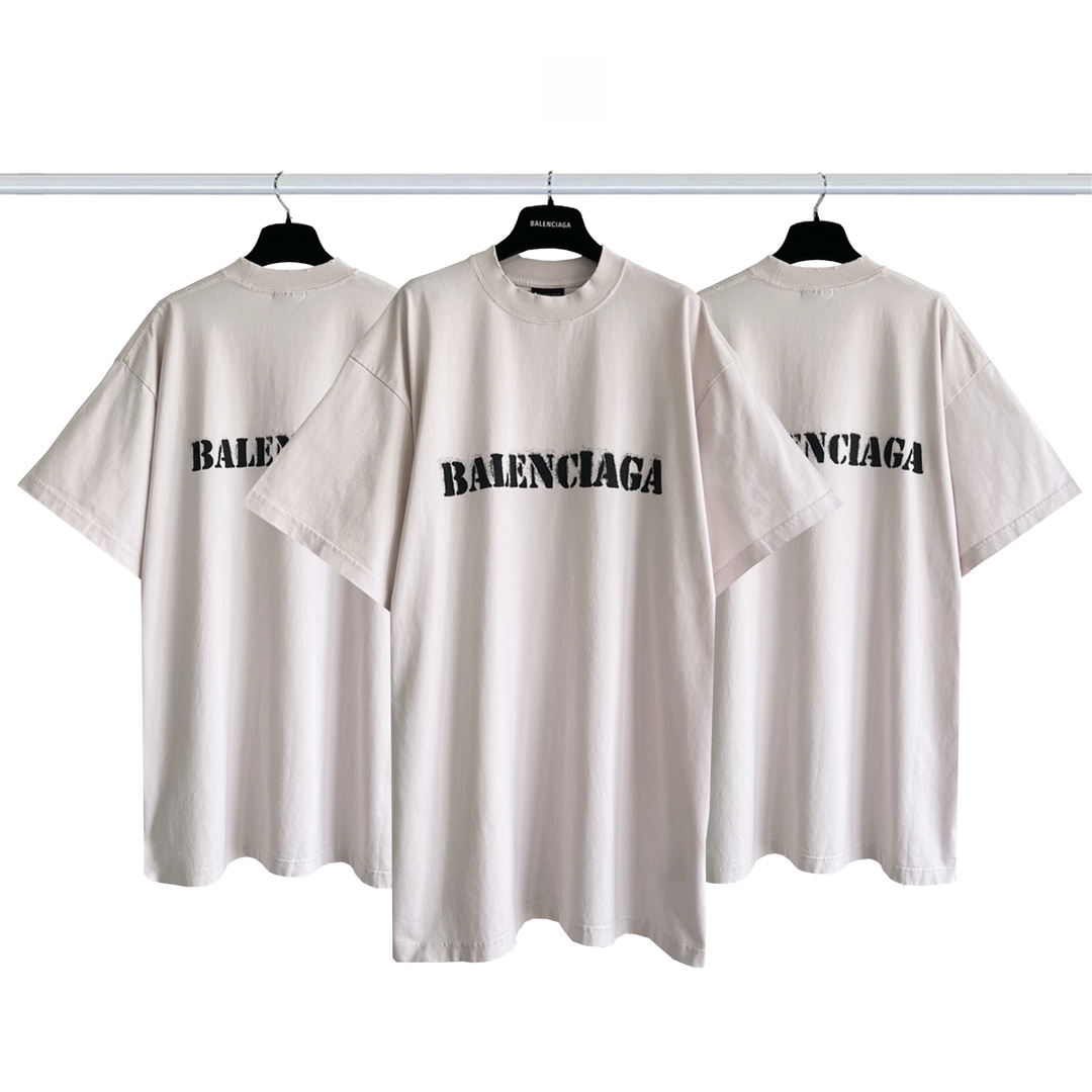 AAA
 Balenciaga Clothing T-Shirt Grey White Printing Combed Cotton Short Sleeve