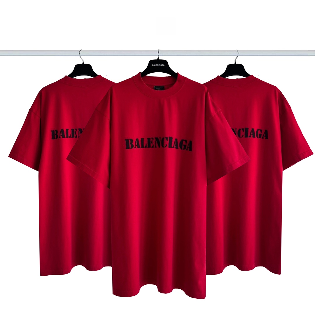 Balenciaga Clothing T-Shirt Red Printing Combed Cotton Short Sleeve