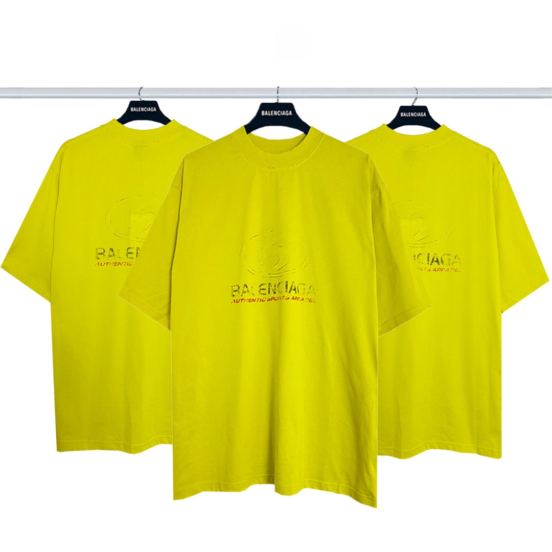 Balenciaga Clothing T-Shirt Yellow Printing Combed Cotton Short Sleeve