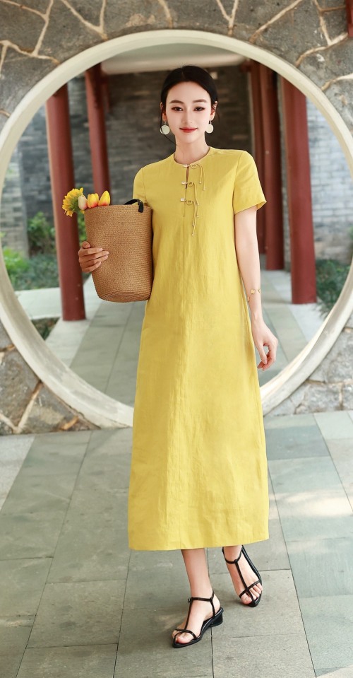 Elegant Linen Blend Midi Dress with Button Detail and Short Sleeves 1 Elegant Linen Blend Midi Dress with Button Detail and Short Sleeves