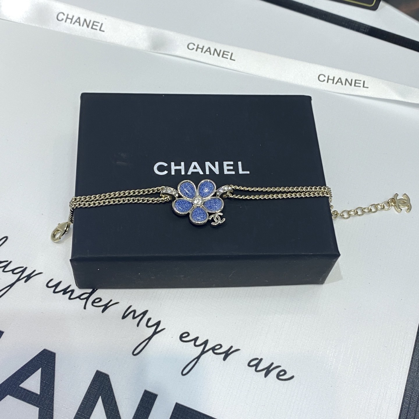 Chanel Chanel 蓝色牛仔 珐琅山茶花 镶钻手链