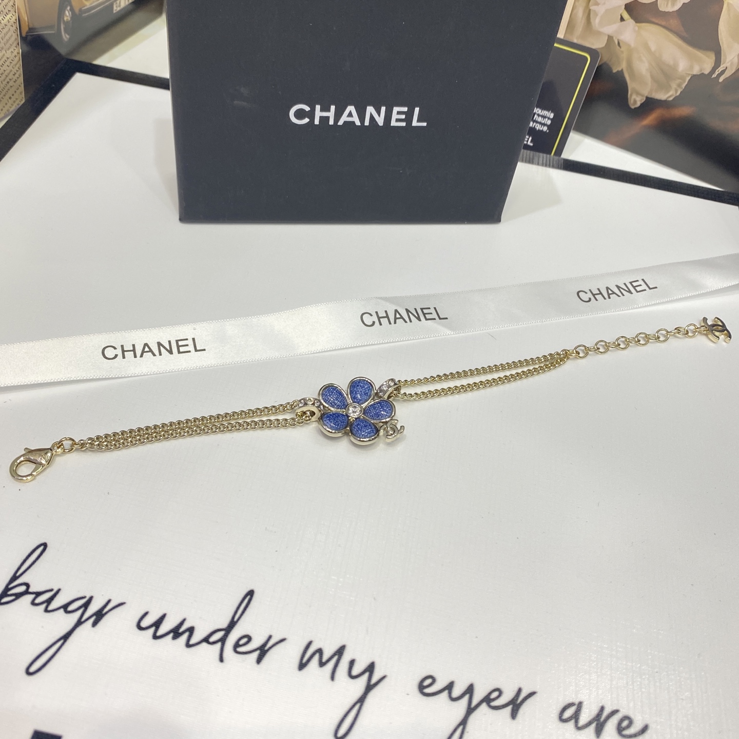 Chanel Chanel 蓝色牛仔 珐琅山茶花 镶钻手链