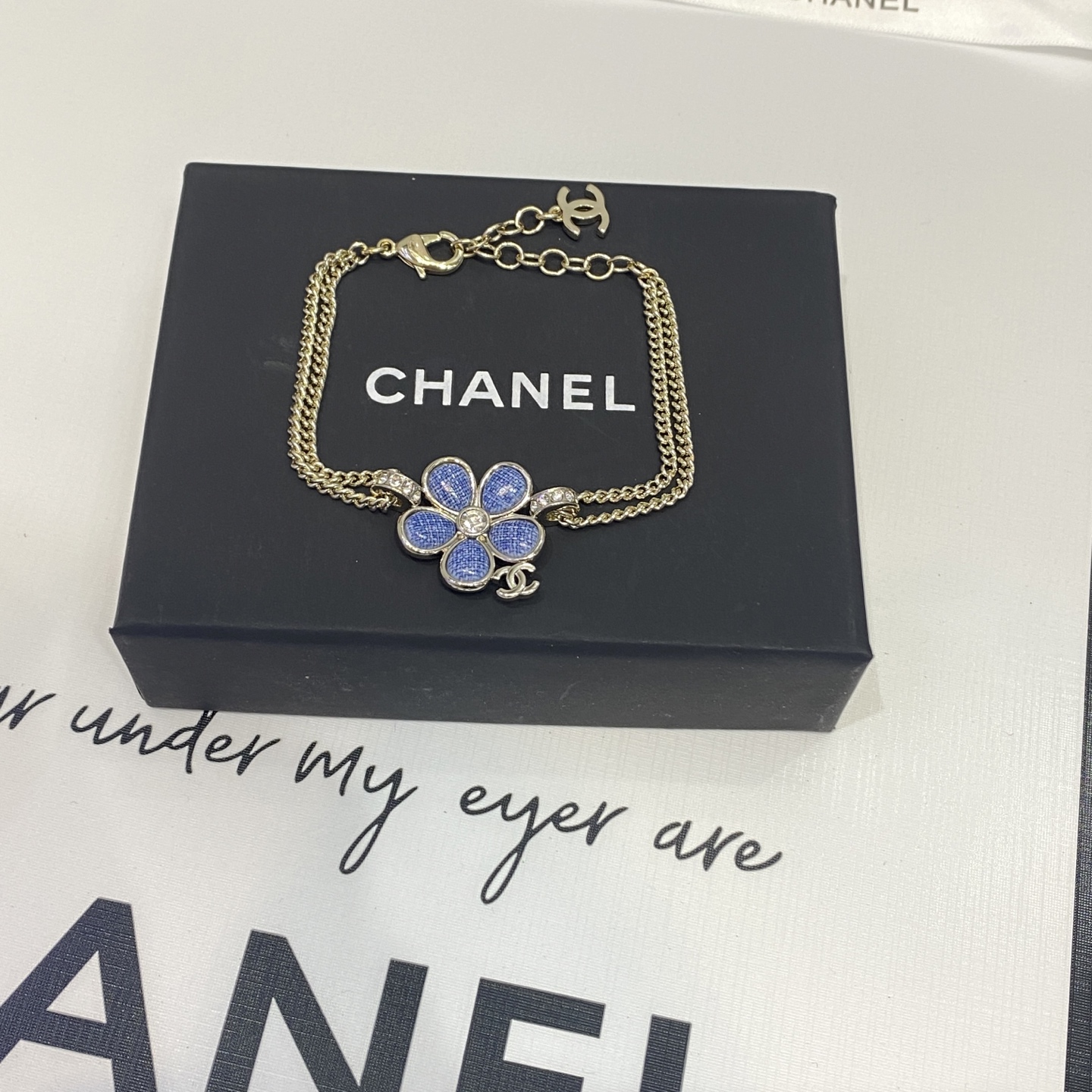 Chanel Chanel 蓝色牛仔 珐琅山茶花 镶钻手链