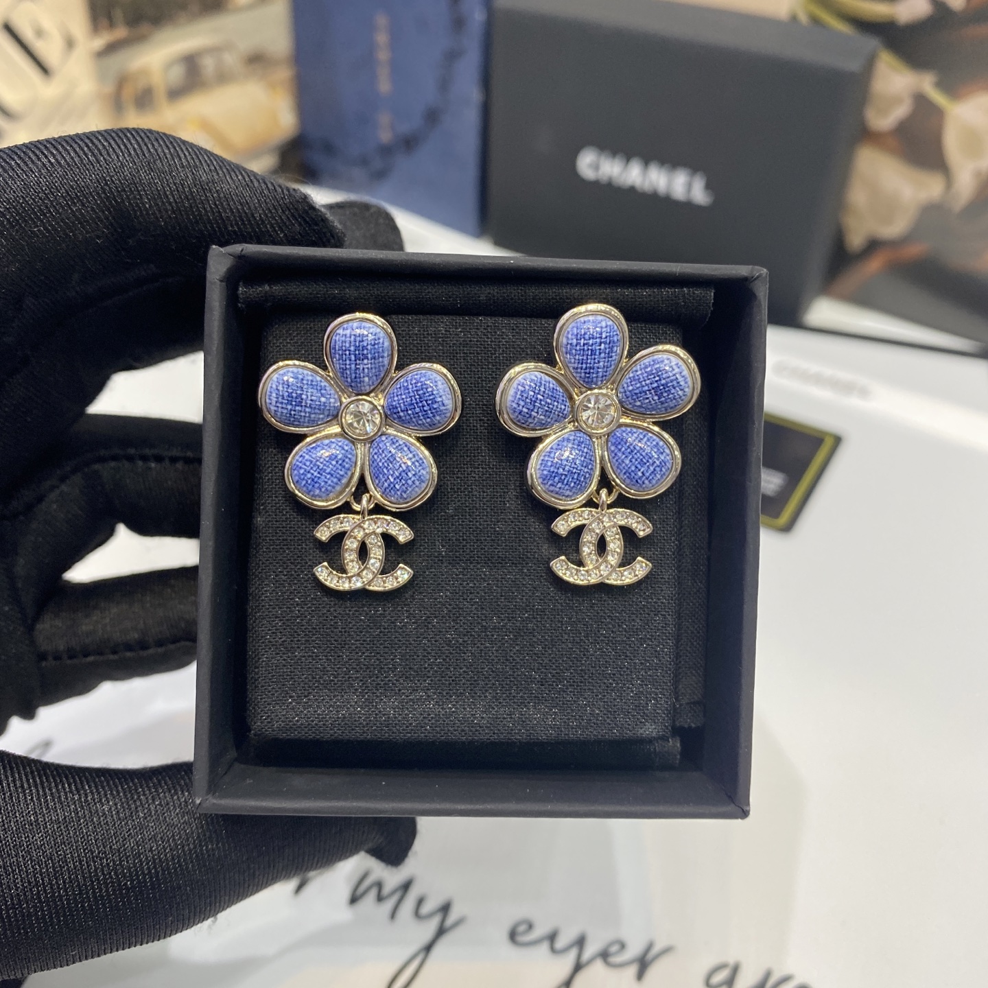 Chanel Chanel 牛仔纹蓝色 花朵 双C 吊坠耳钉