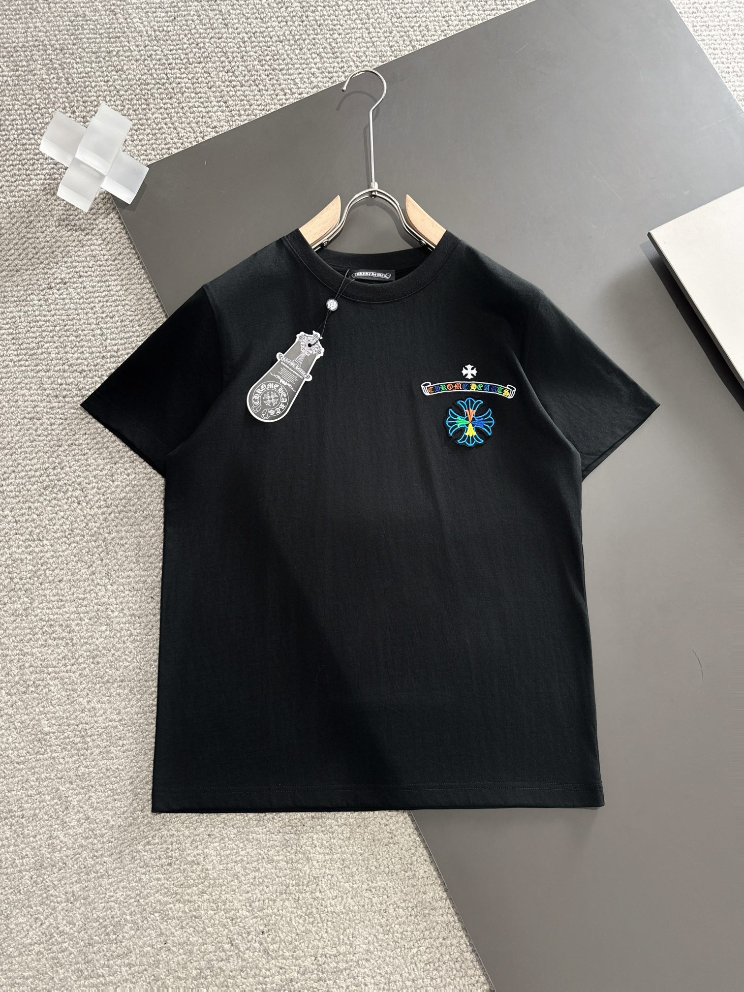 Chrome Hearts Kleidung T-Shirt Schwarz Grau Weiß Echtleder Frühlingskollektion Kurzarm