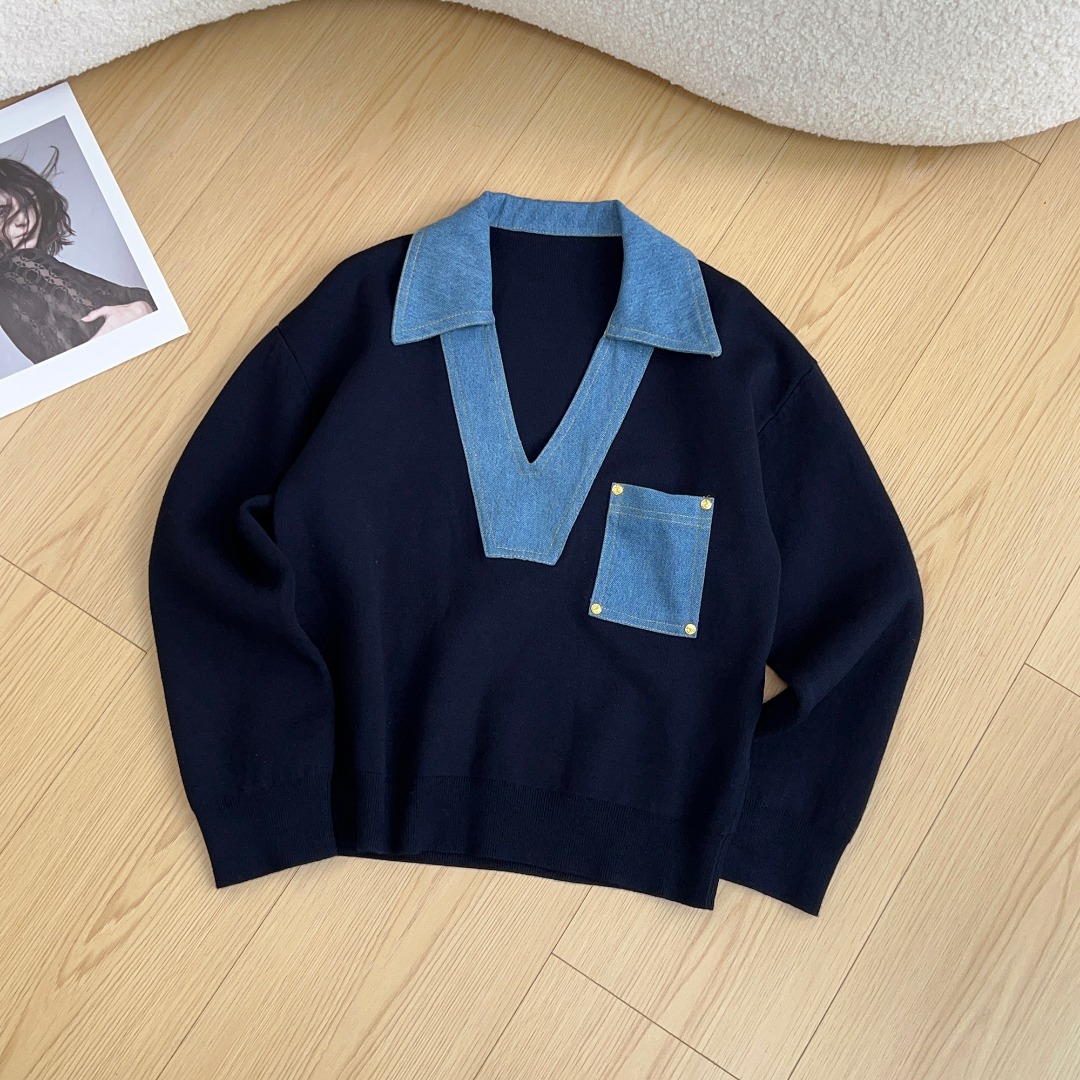 NO:468327,SANDRO 25 early autumn new French design denim splicing V-neck pullover sweater denim splicing knitted craftsmanship casual high-end sml, sweaters, alexander wang19860909SANDRO 25早秋新款 法式设计牛仔拼接V领套头针织衫毛衣 牛仔拼接针织工艺 休闲高级sml,,sweaters,alexander wang,Women's clothing