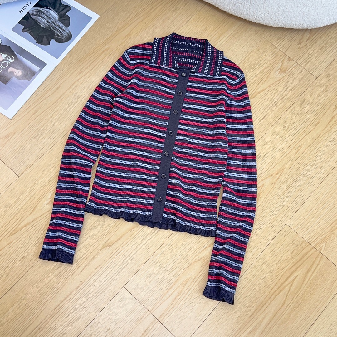 EENK Striped Knit Cardigan - Korean Style, Designer Collar, Autumn/Winter