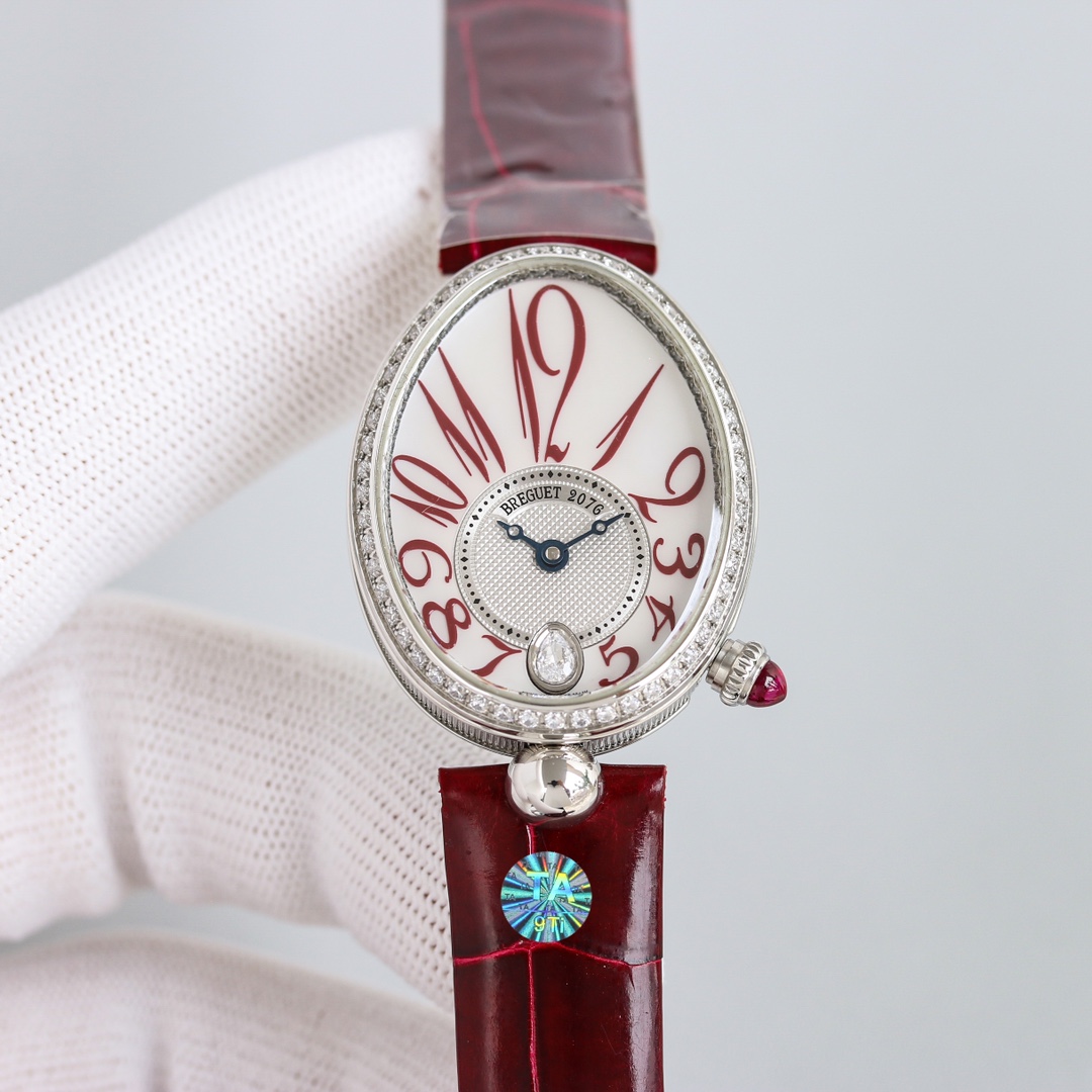 NO:553298,Cowhide white case, rose gold (crocodile leather plus) TA elegantly produces the most powerful replica women's watch in the history - the Breguet Queen of Naples gold case series makes a stunning debut, correcting all the shortcomings of the market version, noble and elegant, showing the queen's style!  [Case] The sizes of the watch are medium size 36.5x28.5mm and small size 33x25mm. The oval case is elegant and elegant, and the outer edge of the case is decorated with coin patterns. A total of 117 Swarovski crystals (approximately 0.99 carats) are inlaid around the bezel and case. The crown is inlaid with a pear-shaped spar (approximately 0.26 carats) [Excellent details]  1. It is consistent with the original. There are precious metal logos on the back of the case, which is clear and neat, highlighting the quality of the watch. 2. The domed glass not only has a fish-eye effect when viewed from the side, but also reflects the bright light brought by diamonds, which further shows the noble pedigree of the watch.   3. In order to achieve the feel of the original K gold quality, TA adjusted the counterweight of the internal structure of the watch case so that the weight is exactly the same as the original version. [Strap] Silk (lambskin wrapped silk) strap is as gentle as skin, and the Breguet-style folding clasp is elegant and exquisite. [Movement] Customized version of Breguet .537/3 core, strict QC throughout the process, accurate and stable performance, dignified and beautiful appearance. Dignified and beautiful, noble and elegant  Produced by TA, it must be a high-quality product~!  ,,breguet,cowhide,sheepskin,crocodile skin,gold19860909牛皮白壳 玫金（鳄鱼皮加） TA 优雅出品史上最强复刻女表——宝玑那不勒斯皇后 黄金壳 系列惊艳登场,修正市场版本的所有不足,高贵典雅,尽显女王风范！【表壳】腕表尺寸分别为中号36.5x28.5毫米 小号33 x 25毫米 鹅卵形表壳高雅大气,表壳外缘饰有钱币纹.表圈和表壳周围镶嵌共117颗施华洛水晶（约0.99克拉）.表冠处镶有一颗梨形晶石（约0.26克拉）【精彩细节】 1.与原装吻合,在表壳背部均打有贵金属标识,效果清晰工整,彰显腕表档次.2.穹面玻璃,从侧面看不仅有鱼眼效果,还能折射钻石带来的璀璨光芒,更显腕表高贵血统. 3.为了达到原装K金质量的手感,TA调试了表壳内部结构的配重,做到重量与原版如出一辙.【表带】绢丝（小羊皮包裹丝绸）表带如肌肤般温柔,宝玑式折叠表扣秀雅精巧.【机芯】定制版宝玑.537/3型芯,全程严格QC,性能精准稳定,外观端庄秀丽. 端庄秀丽 高贵典雅 TA出品 必属精品~！,,breguet,cowhide,sheepskin,crocodile skin,gold,Watch