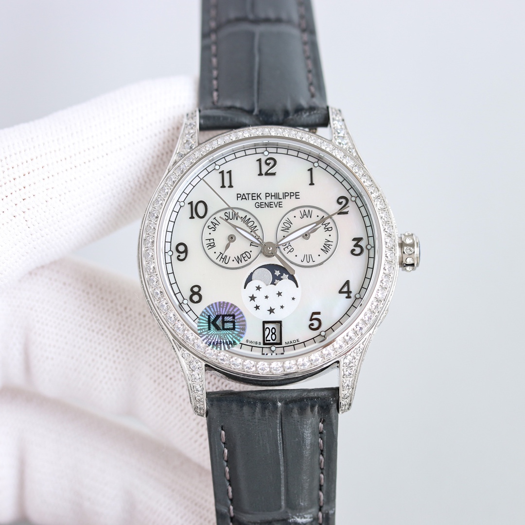 NO:143619,Half Diamond White Shell Rose Gold Full Diamond White Shell Rose Gold 2300 Patek Philippe Complex Function Timepiece Series 4947R/4947G, 4948R/4948G made its debut!  The calendar moon phase women's watch combines practical calendars and elegant moon phases, and is decorated with a diamond-set case, making the luxury shine on this wrist with excellent performance, classic and fashionable, and beautiful. The creative calendar display device can display the week, date and month, and only once a year, brings great convenience, making this watch one of the iconic flagship models in the brand's timepieces. The watch diameter is 38 mm. After careful polishing and polishing, it shows smooth lines and full curvature. The crown is carefully polished and polished to enhance vision and texture. It is engraved with the Patek Philippe's 
