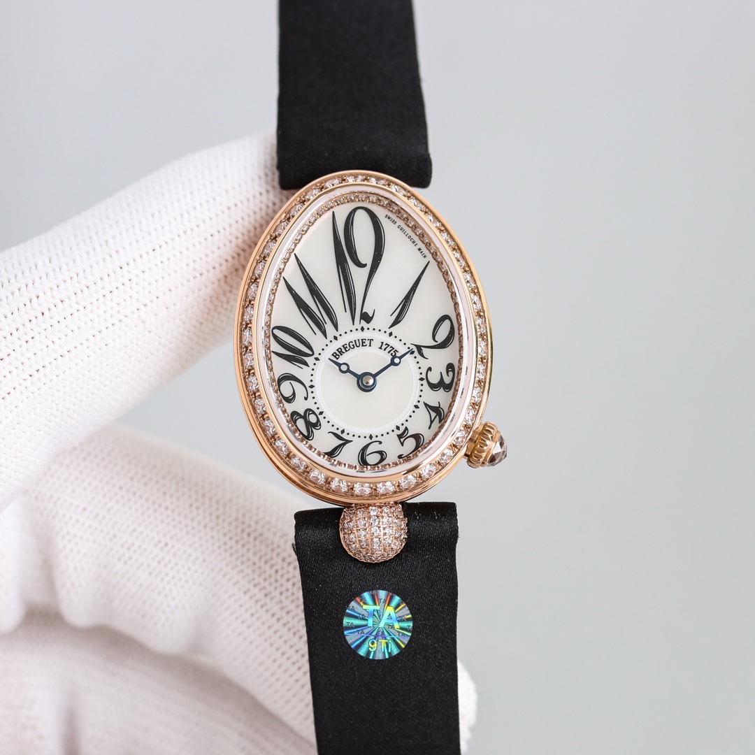 NO:142896,The strongest replica female watch in history produced by TA Elegantly - Breguet Queen of Naples series made a stunning debut, correcting all the shortcomings of the market version, noble and elegant, showing the queen's style!  [Case] ​​The watch size is 33 x 25 mm. The oval case is elegant and elegant, with coin patterns on the outer edge of the case. A total of 117 Swarovski crystals (about 0.99 carats) are inlaid around the bezel and case. [Excellent details] 1. Consistent with the original, the back of the case is marked with precious metal logos, and the effect is clear and neat, highlighting the watch's grade. 2. Dome glass, from the side, not only has a fisheye effect, but also reflects the brilliant light brought by diamonds, and shows the noble bloodline of the watch. 3. In order to achieve the original K gold quality feel, TA debugged the weight of the internal structure of the case, so that the weight is exactly the same as the original. [Watch strap] Silk (lambskin wrapped in silk) strap is as gentle as the skin, and there is also a high-end crocodile leather strap.  .Breguet folding buckle is elegant and exquisite. [Movement] Customized version of Breguet.537/3 core, strict QC throughout the process, accurate and stable performance, dignified and beautiful appearance. Dignified and beautiful, noble and elegant. Produced by TA, it must be a fine product~!  breguet sheepskin crocodile skin19860909TA优雅出品史上最强复刻女表——宝玑那不勒斯皇后系列惊艳登场,修正市场版本的所有不足,高贵典雅,尽显女王风范！【表壳】腕表尺寸小号33 x 25毫米 鹅卵形表壳高雅大气,表壳外缘饰有钱币纹.表圈和表壳周围镶嵌共117颗施华洛水晶（约0.99克拉）.【精彩细节】 1.与原装吻合,在表壳背部均打有贵金属标识,效果清晰工整,彰显腕表档次.2.穹面玻璃,从侧面看不仅有鱼眼效果,还能折射钻石带来的璀璨光芒,更显腕表高贵血统. 3.为了达到原装K金质量的手感,TA调试了表壳内部结构的配重,做到重量与原版如出一辙.【表带】绢丝（小羊皮包裹丝绸）表带如肌肤般温柔,还有高端鳄鱼皮表带 .宝玑式折叠表扣秀雅精巧.【机芯】定制版宝玑.537/3型芯,全程严格QC,性能精准稳定,外观端庄秀丽. 端庄秀丽 高贵典雅 TA出品 必属精品~！,,breguet,sheepskin,crocodile skin,Watch