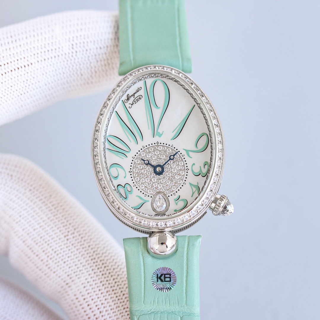 NO:858652,Produced by TA, new product ~ Breguet Reine de Naples crocodile leather version. The forest is in full bloom, and the fresh tone is like the gentle spring breeze. Breguet Reine de Naples Queen of Naples series watch mint green model, equipped with a white mother-of-pearl dial, its soft luster complements the gentle charm of women. The iconic Breguet hands indicate hours and minutes, and the independent number is between 11 and 12 o'clock. The inner edge of the dial and the bezel are inlaid with 117  diamond, and the crown is set with a pear-shaped cut diamond. In addition, the eccentric dial adopts the snowflake inlay process. The selection, cutting and inlay of each gemstone are carefully designed and strictly controlled, which not only demonstrates the brand's long-term pursuit of aesthetics and quality, but also creates a unique beauty like snowflakes. The Arabic numerals are depicted in two greens, giving a three-dimensional effect and interpreting a charming spring scene.,,breguet,crocodile skin19860909TA出品、新品～宝玑那不勒斯皇后 鳄鱼皮版  茂林初盛,清新色调如同轻拂的春风.宝玑Reine de Naples那不勒斯王后系列腕表薄荷绿表款,配备白色珍珠母贝表盘,其柔和光泽与女性温婉魅力相得益彰.标志性宝玑指针指示时、分,独立编号位于 11 和 12 点之间.表盘内缘和表圈镶嵌 117 颗钻石,表冠镶嵌一颗水滴型切割钻石.此外,偏心表盘采用的雪花镶嵌工艺,每颗宝石的选取、切割和镶嵌都经过匠心独运的设计与严格把控,不仅彰显品牌对美学和品质的恒久追求,同时亦营造出如雪花般独特的美感.阿拉伯数字时标以两种绿色描绘,赋予立体效果,演绎迷人春景.,,breguet,crocodile skin,Watch