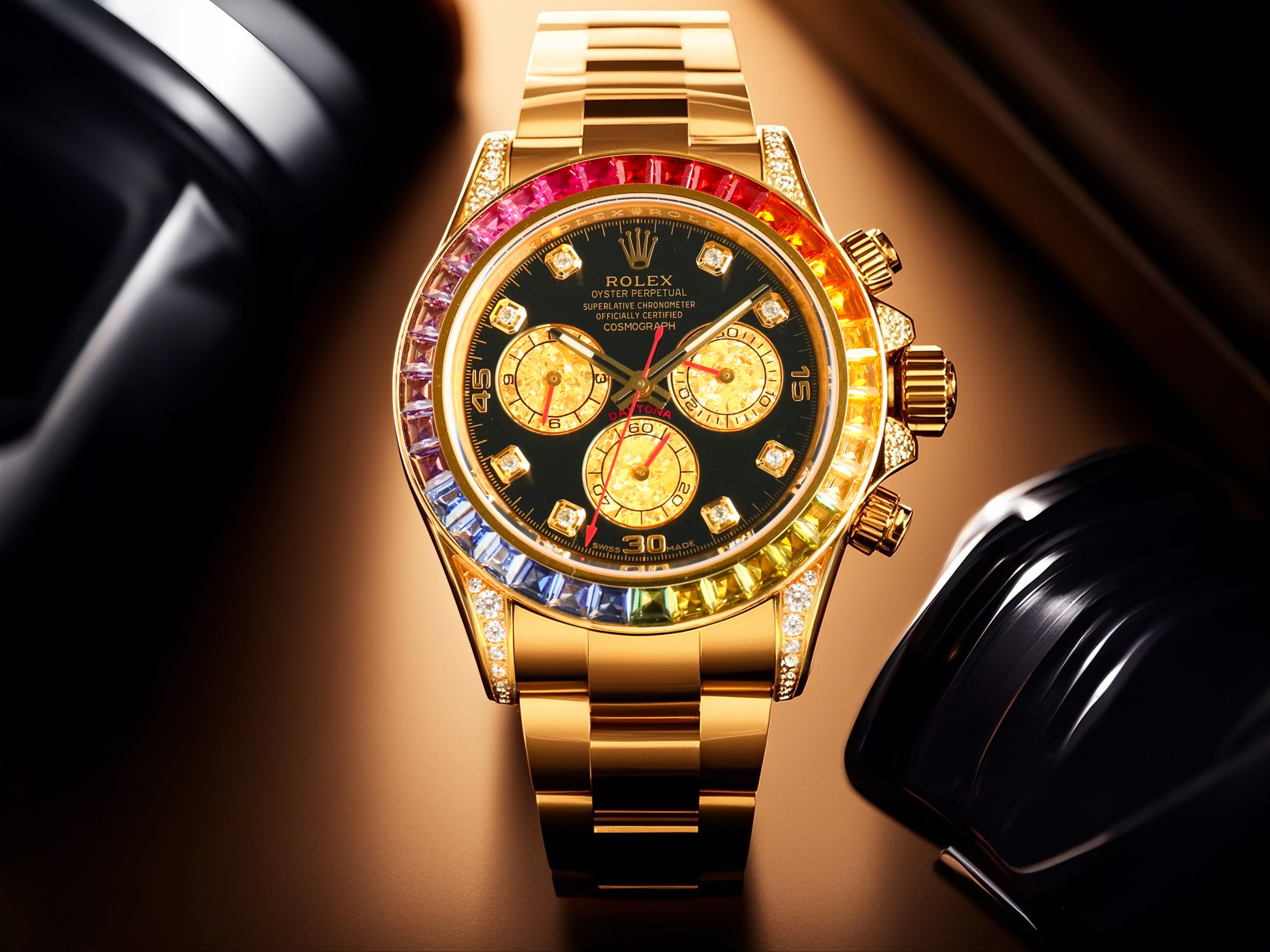 NO:822290,Produced by BLAKEN, white steel and gold, rose gold bars, rose diamonds, BLAKEN Factory, Rolex ROLEX Daytona series V33 latest masterpiece, upgraded true sparkling platinum eyes, rainbow di-  Thickness 12.18mm (non-market fake shell eyes, real platinum eyes shine better under light) equipped with an integrated 4130 mechanical chronograph movement (true energy storage up to 72 hours). The outer ring is inlaid with rainbow gradient sapphires, replacing the classic speedometer outer ring. The lugs and crown shoulder guards are inlaid with 56 round-cut diamonds. Every process is refined and rigorously ensured.  The angle color is as dazzling as the original version [1] The dial is inlaid with 11 sapphire hour markers, corresponding to the color of the gemstones on the outer ring [2] The case stone is of the same height and the case is slim [3] It uses a solid stainless steel/natural silicone strap, which has a soft and delicate texture and is very comfortable to wear. The details of the buckle are flawless, and the BLK is fully upgraded to exquisite luxury.  4130 movement is the best luxury gift recommendation. Please look for BLAKEN’s exclusive quality, rolex, and gold.19860909BLAKEN出品 白钢和黄金  玫瑰金条钉  玫满钻字面 BLAKEN Factory 劳力士 ROLEX 迪通拿系列V33最新力作 升级真闪耀铂金小眼,彩虹迪- 厚度12.18mm（非市场假贝壳眼,真铂金眼灯光下效果更佳闪耀）搭载一体4130机械计时机芯（真储能达到72小时）外圈镶嵌彩虹渐变色蓝宝石,代替了经典的测速外圈,表耳及表冠护肩镶嵌56颗圆形切割钻石每一道工序精制严谨确保角度颜色与原版一样光彩夺目【1】表盘镶嵌11颗蓝宝石钟点标记,对应外圈上的宝石颜色【2】表壳石高度一致,壳身纤薄【3】采用实心精钢/天然硅胶表带,质感柔细软腻,佩戴非常舒适.表扣细节处理完美无瑕,BLK精致奢华全面升级. 4130机芯送礼最佳奢华推荐请认准BLAKEN独家品质,,rolex,gold,Watch