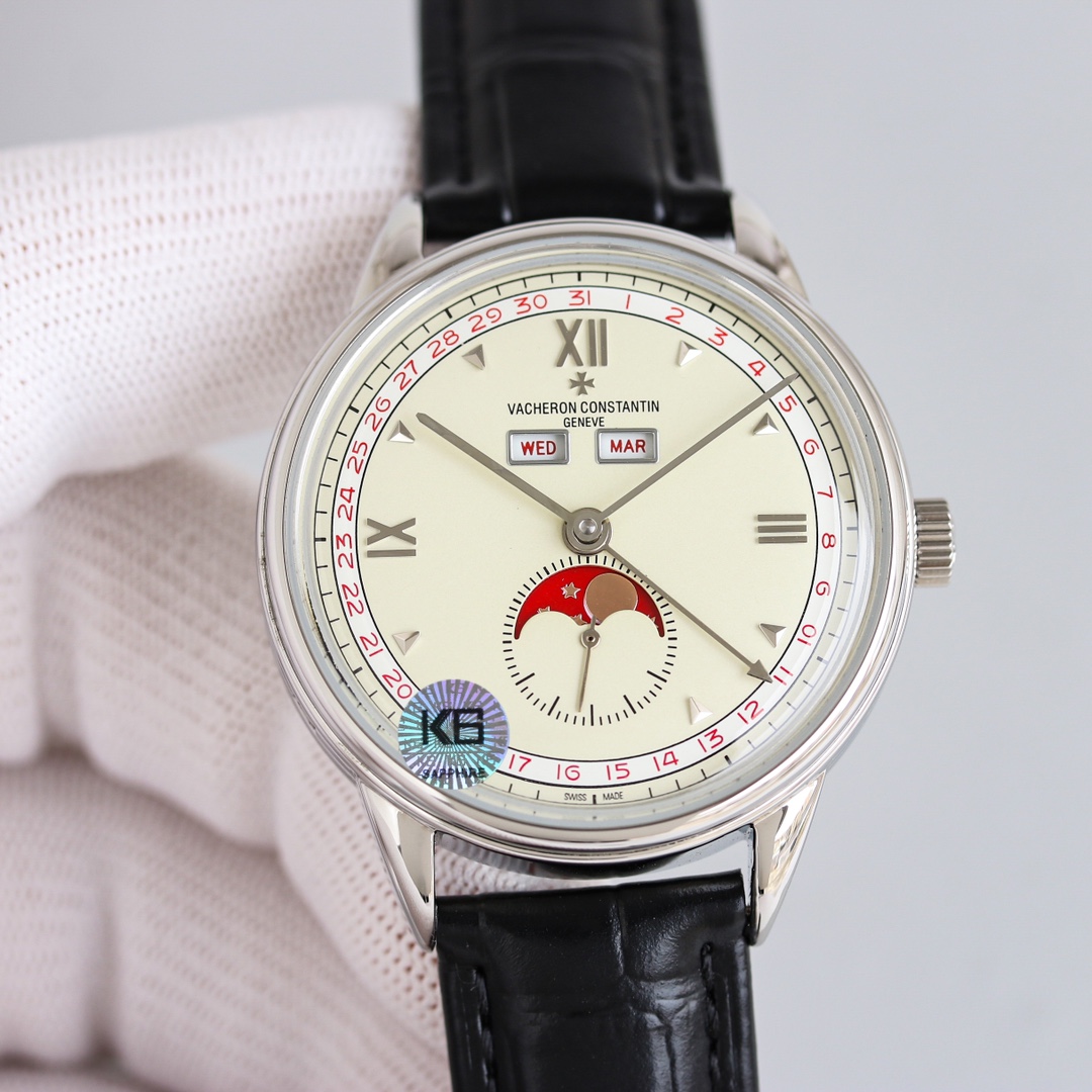 NO:157372,White-shell rose gold VC is launched!  Vacheron Constantin Historical Works Series 3100V/00R Triple Calendar Watch!  All-real function!  The highest version in the market!  [Case] ​​Watch special!  The size is 40MM and is decorated with a three-fold concave and concave engraving pattern to highlight the retro style. It is paired with a beautifully curved pot cover glass to make the overall literal texture better!  【Movement】The automatic mechanical custom movement with a 4400QCL copy!  Stable operation!  All-real function!  The transparent case back cover allows you to appreciate the excellent movement polishing process. [Dial] strives for perfection, the 11-year-old retro dial has four major functions: month, week, calendar, real sunlight, and real gold-plated sunlight dial, which is more close to the counter as a whole!  [Watch Buckling] The watch is paired with Italian cowhide to make the wrist fit and comfortable!  The classic logo of 