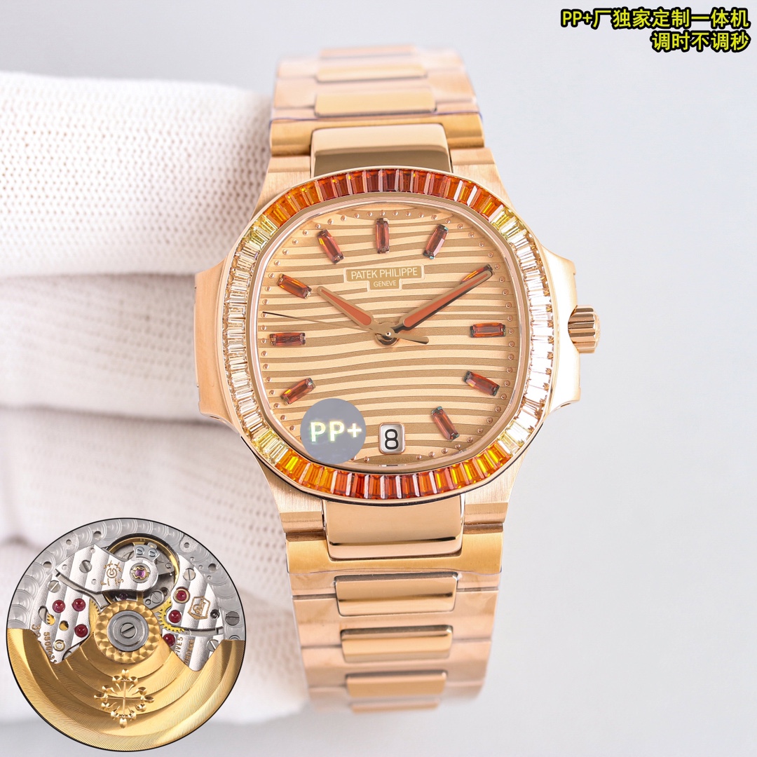 NO:158436,Unified price New model shipment PPFactory, exclusive custom modified 324 all-in-one machine, which is constantly moving and never stopping. Patek Philippe Nautilus women's watch launches a new jewelry style, giving away a special offer for custom watch box with a value-for-travel convenience. The octagonal bezel is decorated with double rows of 68 long manganese aluminum garnets, showing a double gradient effect from cognac (12 o'clock and 6 o'clock positions) to champagne (9 o'clock and 3 o'clock positions). The dial is set with pointed cognac manganese aluminum garnet hour markers. Between the light and shadow flow, this rare masterpiece fully displays modern charm. The dial is decorated with the unique corrugated pattern of Nautilus women's watch, ensuring clear and easy to distinguish, reflecting Patek Philippe's pursuit of readability, even jewelry watches are no exception. Watch window-style date display of movement. Large center seconds hand. Dial  Rose gold plated dial, 