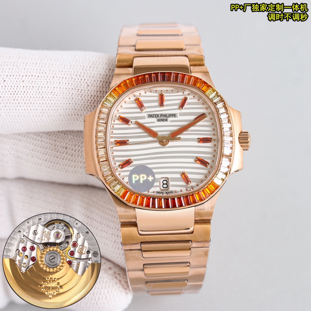 NO:158438,Unified price New PPFactory shipped, exclusive custom modified 324 all-in-one machine, which is constantly moving and constantly moving. Patek Philippe Nautilus women's watch launches a new jewelry style, giving away a special offer for custom watch box with a value-for-travel convenience. The octagonal bezel is decorated with double rows of 68 long manganese-aluminum garnets, showing a double gradient effect from cognac (12 o'clock and 6 o'clock positions) to champagne (9 o'clock and 3 o'clock positions). The dial is set with pointed cognac manganese-aluminum garnet hour markers. Between the light and shadow flow, this rare masterpiece fully displays modern charm. The dial is decorated with the unique corrugated pattern of Nautilus women's watch, ensuring clear and easy to distinguish, reflecting Patek Philippe's pursuit of readability, even jewelry watches are no exception. Watch The movement window-style date display. The center large seconds hand. The dial  Rose gold plated dial, 