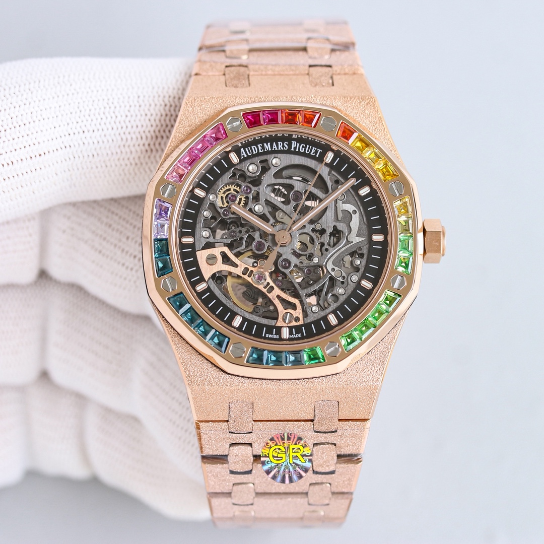 NO:553301,GR Produced by GR Factory Audemars Piguet AP Royal Oak A Rainbow New Product Launched, New Audemars Piguet!  Rainbow 15412BC ADUMARS PIGUET Audemars Piguet 15412BC Frost Gold Skeleton Rainbow Men's Mechanical Watch Caliber 3132 integrated movement, 41mm diameter, thickness 9.9mm dark gray dial  Shape round dial material Skeleton dial with rose gold fluorescent three-dimensional hour markers and Royal Oak hands Mirror material anti-glare treatment sapphire crystal glass Crown material stainless steel, screw-in crown back-through, anti-glare sapphire glass mirror For the best luxury gift recommendation, please look for GR exclusive quality, audemars19860909GR 出品  GR Factory 爱彼 AP 皇家橡树 A 彩虹新品上市,新款爱彼！彩虹15412BC ADUMARS PIGUET 爱彼 15412BC 霜金 镂空 彩虹 男士机械腕表 Calibre 3132一体机芯,41mm直径,厚度9.9mm深灰色表盘 形状圆形表盘材质镂空表盘,搭配玫瑰金荧光立体时标和皇家橡树指针表镜材质防眩光处理蓝宝石水晶玻璃表镜表冠材质精钢,旋入式表冠背透背透,防眩蓝宝石玻璃镜面 送礼最佳奢华推荐请认准GR独家品质,,audemars,Watch