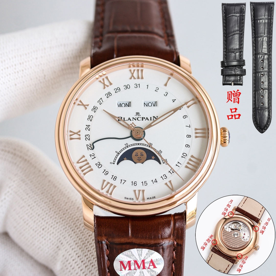 NO:859580,White shell rose gold MMA launches Blancpain Villeret classic series 6654 full calendar moon phase watch  The Blancpain Villeret series 6654 watch interprets the extraordinary charm of classic formal watches with elegant design and precision watchmaking technology. The 40 mm polished case has rounded lines and a double-layer bezel design, showing low-key luxury. On the milky white or dark enamel textured dial, Roman numerals and willow-shaped hands complement each other. The 3 o'clock day and month window, 6 o'clock romantic moon phase and date hand, 12 o'clock day display, the layout is harmonious and rich.  It is equipped with the brand's self-produced Caliber 6654 self-winding movement, equipped with a silicon hairspring, providing 72 hours of power storage to ensure accurate travel time. Hidden adjustment buttons are cleverly integrated into the lugs, taking into account both convenient operation and aesthetic balance. The moon phase disk is based on starry sky blue, and the golden moon smile adds poetry, and only needs to be adjusted once every 1.  Whether it is for business occasions or daily wear, Blancpain 6654 has excellent craftsmanship and timeless style, making it an ideal choice for tasteful people. When you place an order, you will get a pair of imported calfskin for free!  ,,cowhide19860909白壳 玫瑰金 MMA强势推出宝珀Villeret经典系列6654全历月相腕表 宝珀Villeret系列6654腕表,以优雅设计与精密制表工艺,诠释经典正装表的非凡魅力.40毫米抛光表壳线条圆润,搭配双层表圈设计,尽显低调奢华.乳白色或深色珐琅质感表盘上,罗马数字时标与柳叶形指针相得益彰,3点位星期与月份视窗、6点位浪漫月相及日期指针、12点位星期显示,布局和谐而富有层次.  搭载品牌自产Caliber 6654自动上链机芯,配备硅游丝,提供72小时动力储存,确保精准走时.隐藏式调校按钮巧妙融入表耳,兼顾便捷操作与美学平衡.月相盘以星空蓝为底,金色月亮笑脸更添诗意,每1仅需调校一次.  无论是商务场合还是日常佩戴,宝珀6654皆以卓越工艺与隽永风格,成为品味人士的理想之选.下单即送一副进口小牛皮！,,cowhide,Watch