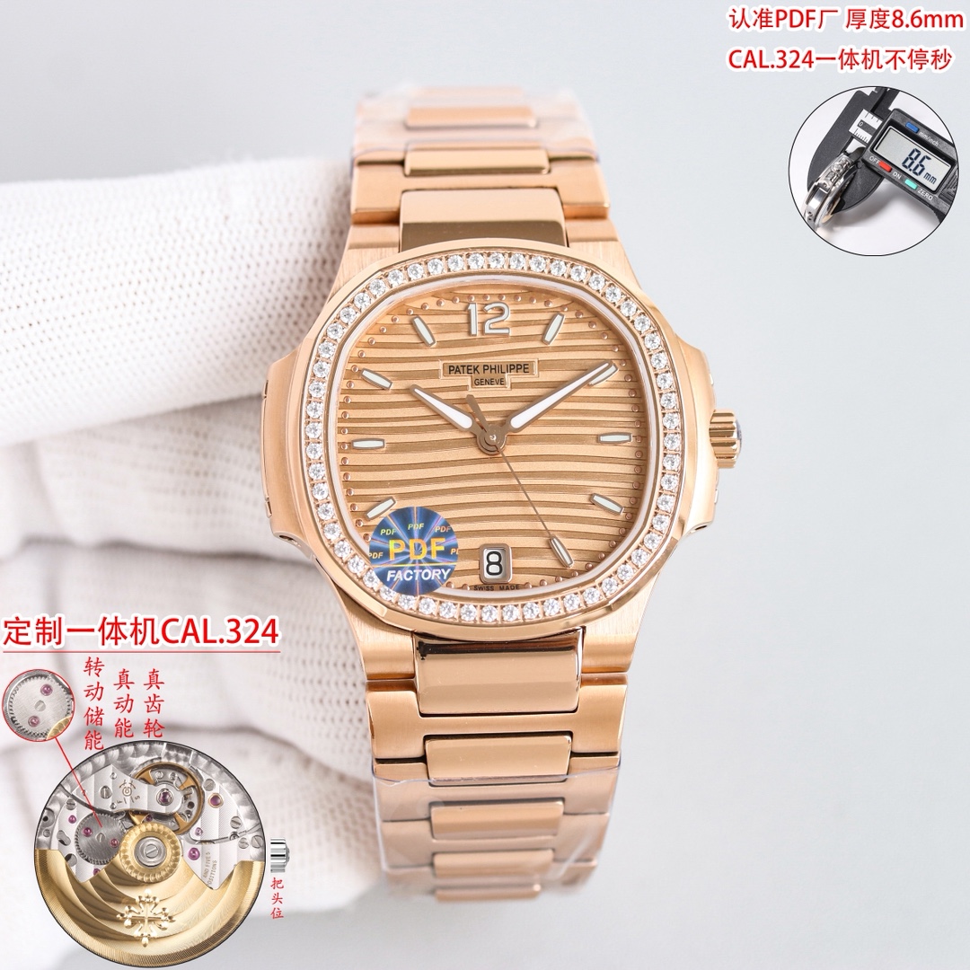 NO:586262,White shell Gold shell (Diamond shell plus 50) PDF Factory2025 Wall crack recommended PDF version all-in-one machine Patek Nautilus series high-value women's watch [2025 super masterpiece top version] Patek Philippe sporty and elegant Nautilus women's watch P is coming!  Welcome to compare the details 1. Equipped with an exclusive customized version of Cal.324 all-in-one automatic movement (not an ordinary plywood machine), the time can be adjusted without stopping seconds, the time can be adjusted without stopping seconds, special kinetic energy storage of 45 hours, vibration frequency of 28800 per hour. 2316L customized ergonomic strap!  3The size of the watch is 35.2MM and the thickness is 8.6mm, which is consistent with the original!  4. Inlaid with 56 Swarovski crystal diamonds, the same number as genuine diamonds. 5. The watch mirror is double-sided anti-glare sapphire crystal glass. 6. The color and luminous effect of the words are consistent with the genuine product.  philippe19860909白壳 金壳（钻壳加50） PDF Factory2025 墙裂推荐PDF版本一体机 百达鹦鹉螺系列高颜值女表【2025超神之作 顶级版本】百达.翡丽运动优雅鹦鹉螺女款腕表P强势来袭！欢迎对比细节 1搭配独家定制版Cal.324一体机自动机芯(非普通夹板机）,调时不停秒,调时不停秒,特惠动能储存45小时,振频28800每小时. 2316L定制级人体工程学表带！ 3腕表尺寸35.2MM,厚度8.6mm与原装一致！ 4镶嵌56颗施华洛世奇水晶钻与正品钻石数量一致 . 5表镜双面防眩目蓝宝石水晶玻璃. 6字面色泽夜光效果均与正品一致. “没人能拥有百达翡丽,只不过为下一代保管而已.” 优雅大气 完美演绎职场女性的时尚品味,在优雅之余又不失强悍霸气. PDF Factory2025匠心力作 欢迎表友品鉴,,swarovski,patek philippe,Watch