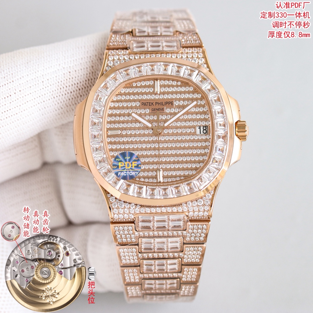 NO:741807,Flat price PDF Factory is coming!  PATEK PHILIPPE Nautilus 5719 series top full diamond watch, size 40mm  The case is inlaid with 100 eight-star and eight-arrow top fire rhinestones, and the bezel is inlaid with 32 long T-shaped diamonds. The bracelet is inlaid with 803 eight-star and eight-arrow top fire rhinestones and 150 long T-square diamonds. The dial is inlaid with 255 eight-star and eight-arrow top fire rhinestones and 3 long T-shaped diamond hour markers. PDF Factory invites you to appreciate the ultimate luxury Nautilus, allowing you to wear it to show your kingly style, patek philippe, gold19860909统一价 PDF Factory满天星来袭！ 百达翡丽PATEK PHILIPPE Nautilus 5719系列顶配满钻腕表 尺寸40mmX8.7mm 机芯独家定制26-330一体自动上链机芯,调时不止秒及可动上链轮 整表均采用316L精钢CNC精雕加工后电镀白金,黄金,玫瑰金 表壳镶嵌100颗八星八箭顶级火彩水钻,圈口32颗长形T方钻 表链工字珠镶嵌803颗八星八箭顶级火彩水钻及150颗长形T方钻 表盘镶嵌255颗八星八箭顶级火彩水钻及3颗长形T钻时标 PDF Factory 邀您共鉴极致奢华的顶配鹦鹉螺,让您佩戴尽显王者风范,,patek philippe,gold,Watch