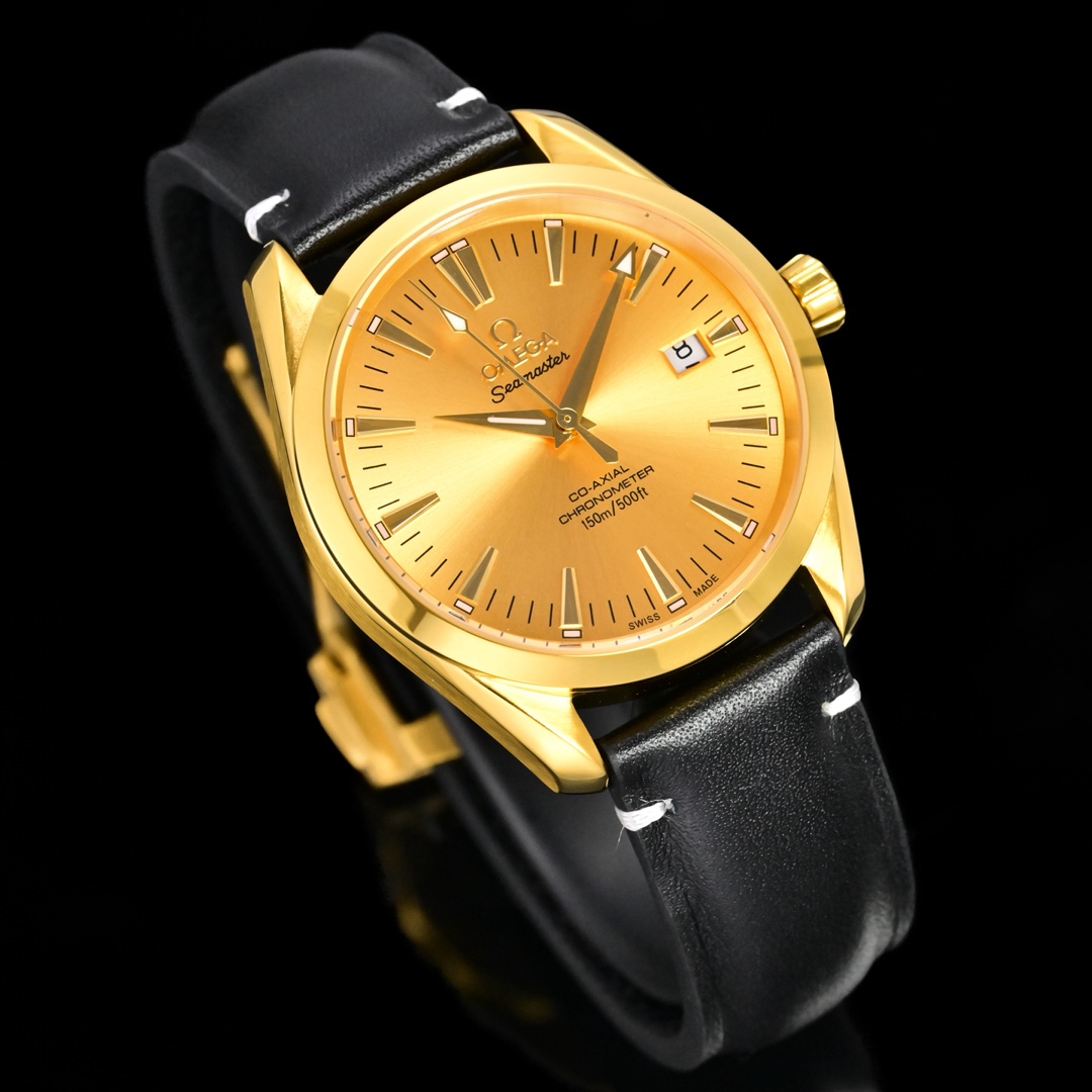 Omega Seamaster Aqua Terra 150M gold case, gold dial, black leather strap 39mm Men's Automatic