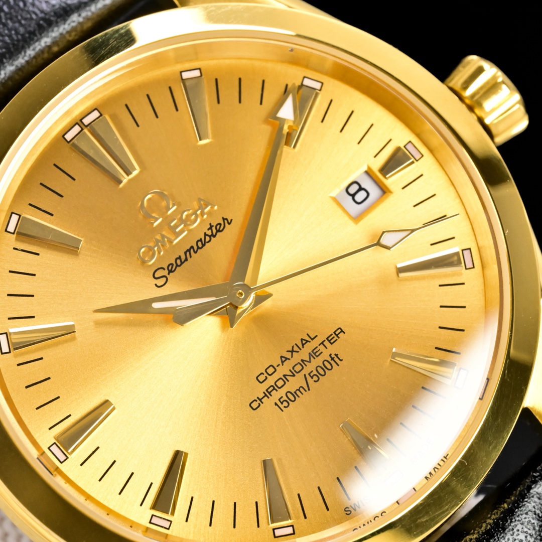 Omega Seamaster Aqua Terra 150M gold case, gold dial, black leather strap 39mm Men's Automatic