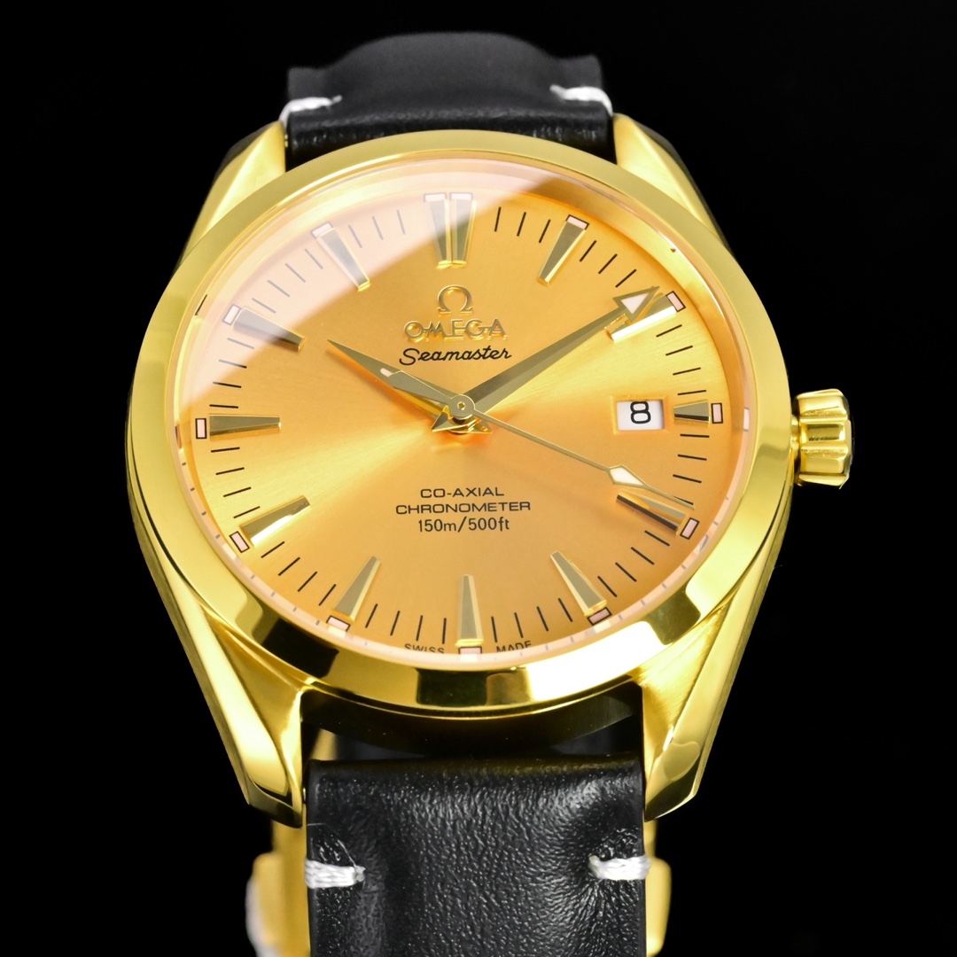 Omega Seamaster Aqua Terra 150M gold case, gold dial, black leather strap 39mm Men's Automatic