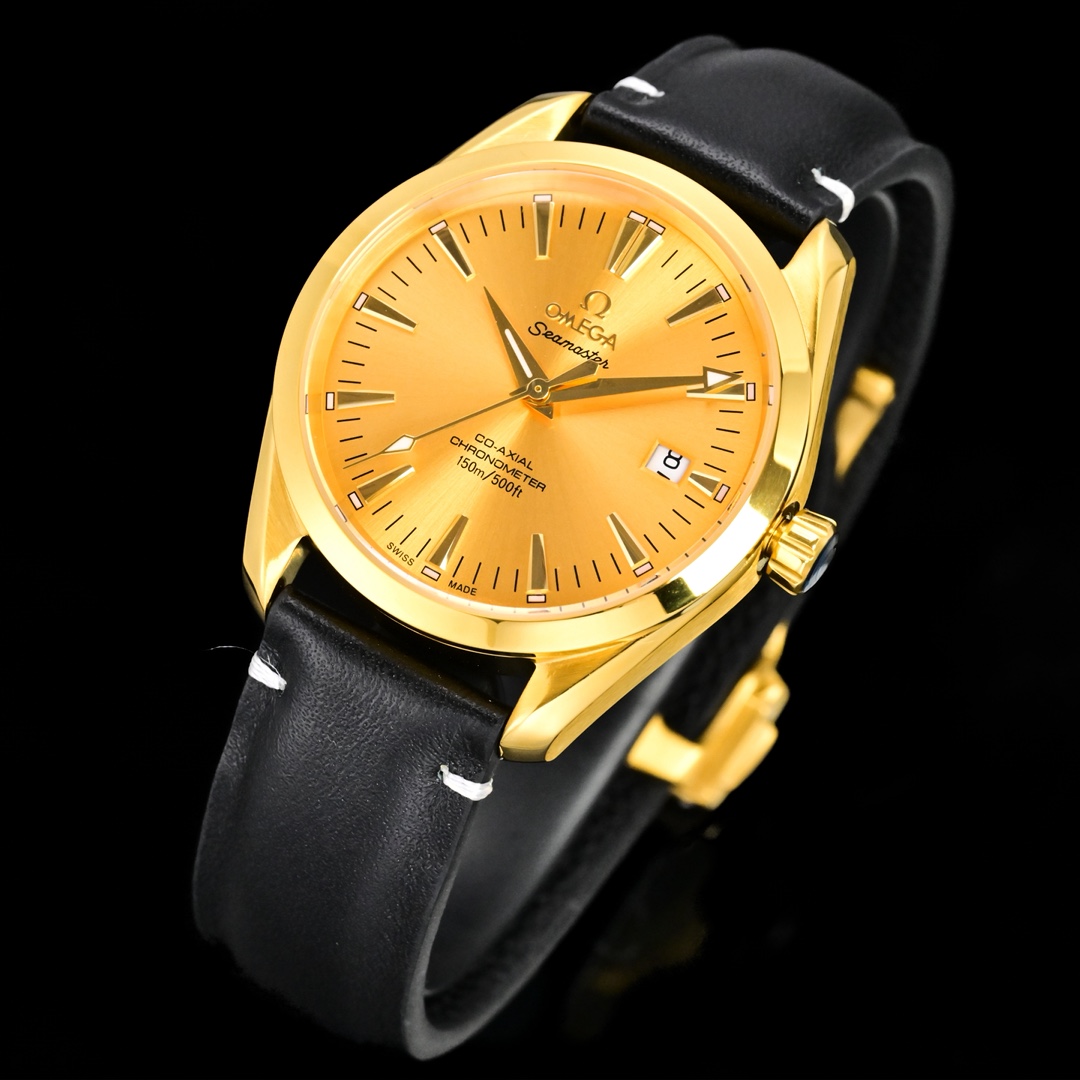 Omega Seamaster Aqua Terra 150M gold case, gold dial, black leather strap 39mm Men's Automatic