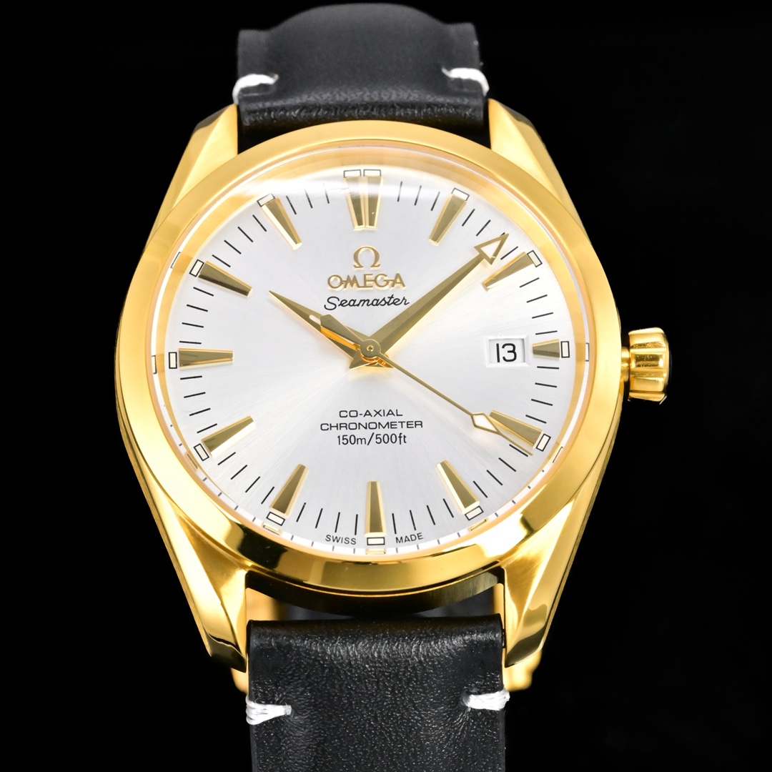 Omega Seamaster Aqua Terra 150M Co-Axial Chronometer 39mm yellow gold case bezel, silver dial, black leather strap 39mm Men's Automatic