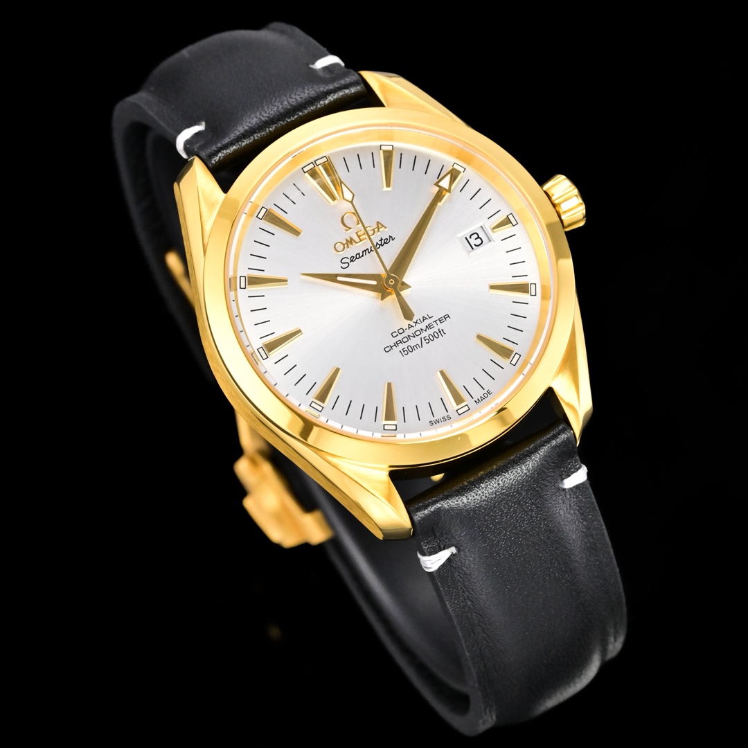 Omega Seamaster Aqua Terra 150M Co-Axial Chronometer 39mm yellow gold case bezel, silver dial, black leather strap 39mm Men's Automatic