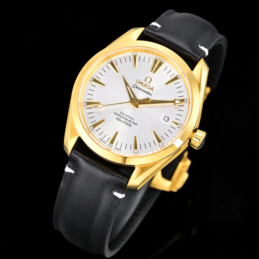 Omega Seamaster Aqua Terra 150M Co-Axial Chronometer 39mm yellow gold case bezel, silver dial, black leather strap 39mm Men's Automatic