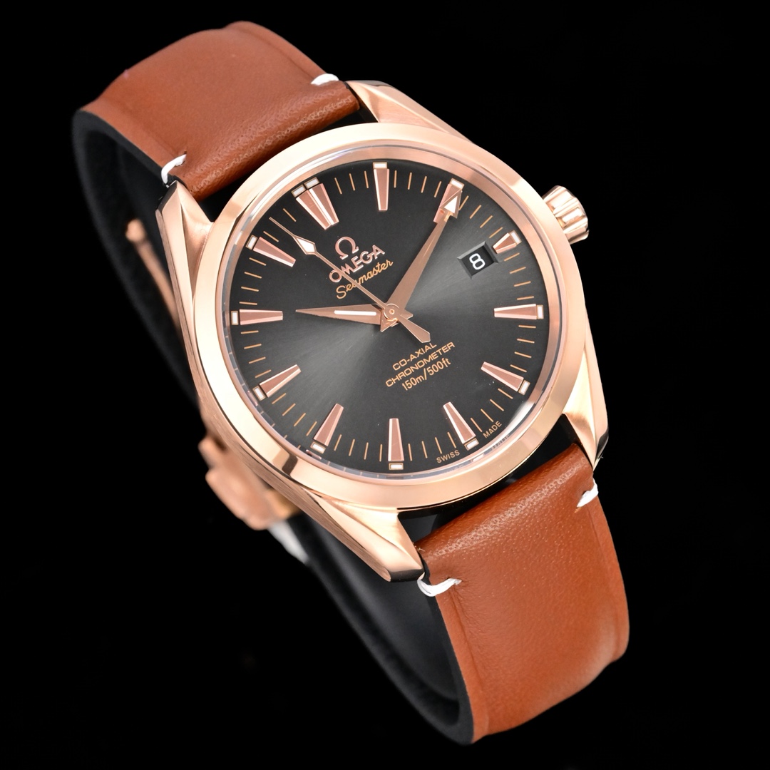 Omega Seamaster Aqua Terra 150M Co-Axial Chronometer 38.5mm rose gold case bezel, black dial, brown leather strap 38.5mm Men's Automatic