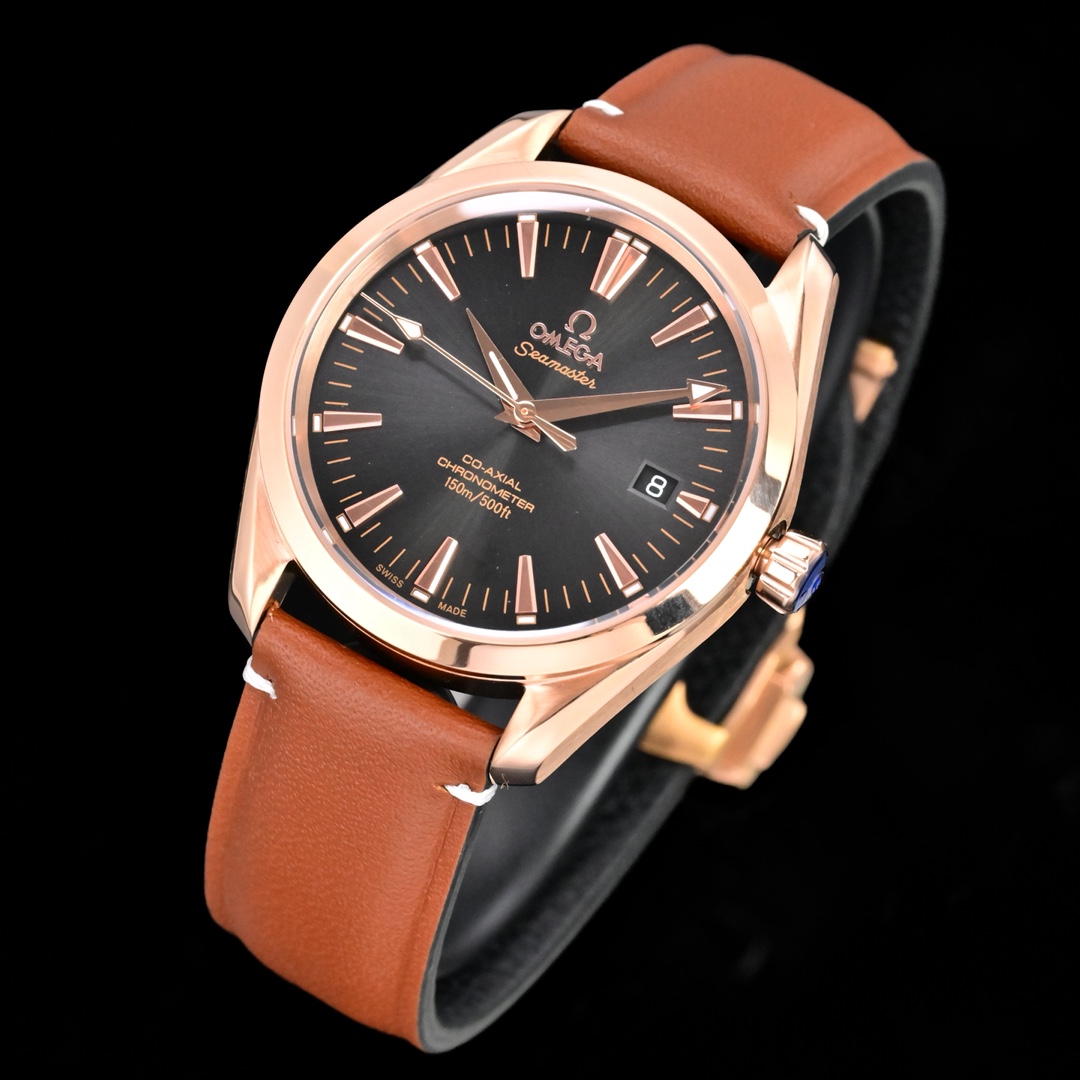 Omega Seamaster Aqua Terra 150M Co-Axial Chronometer 38.5mm rose gold case bezel, black dial, brown leather strap 38.5mm Men's Automatic