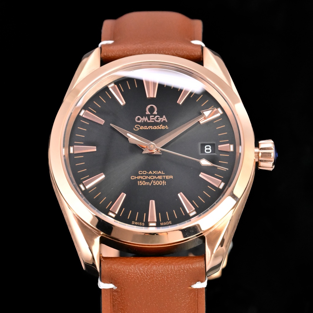 Omega Seamaster Aqua Terra 150M Co-Axial Chronometer 38.5mm rose gold case bezel, black dial, brown leather strap 38.5mm Men's Automatic