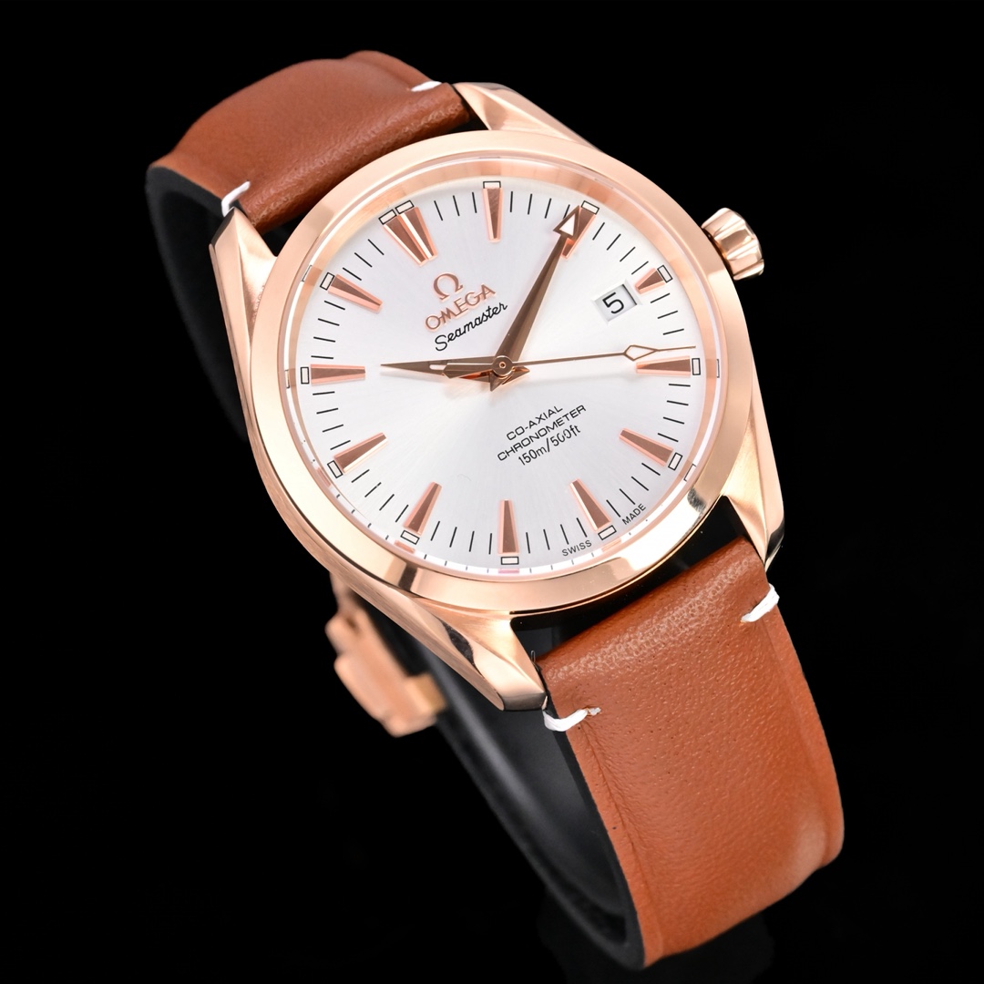 Omega Seamaster Aqua Terra 150M rose gold case and bezel, white dial, brown leather strap 39mm Men's Automatic