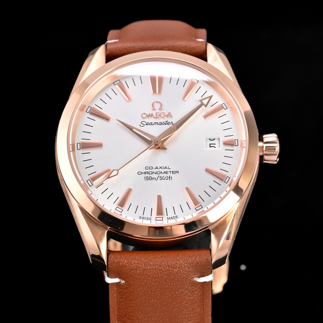Omega Seamaster Aqua Terra 150M rose gold case and bezel, white dial, brown leather strap 39mm Men's Automatic