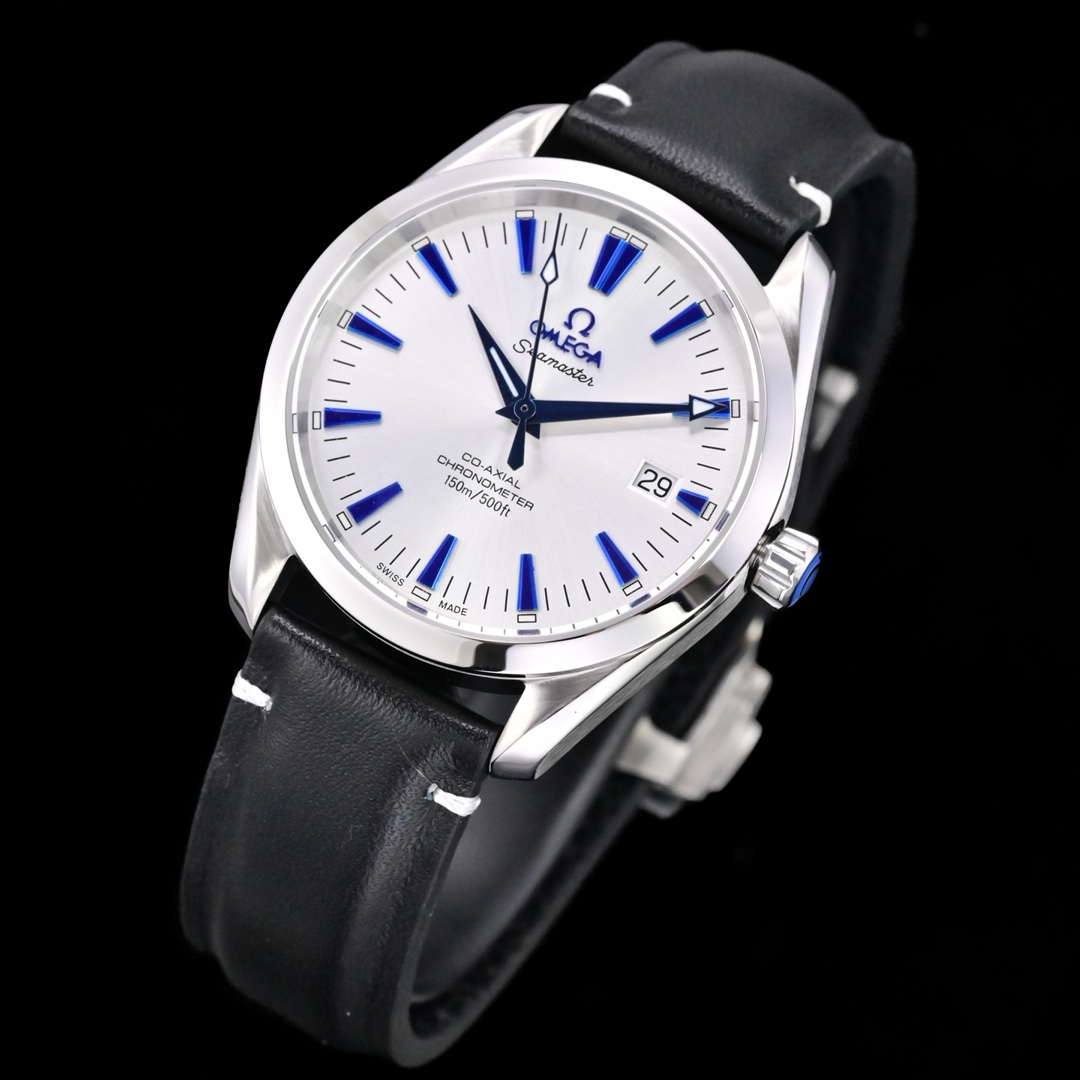 Omega Seamaster Aqua Terra 150M Co-Axial Chronometer 39mm stainless steel case bezel, silver dial, blue markers and hands, black leather strap 39mm Men's Automatic