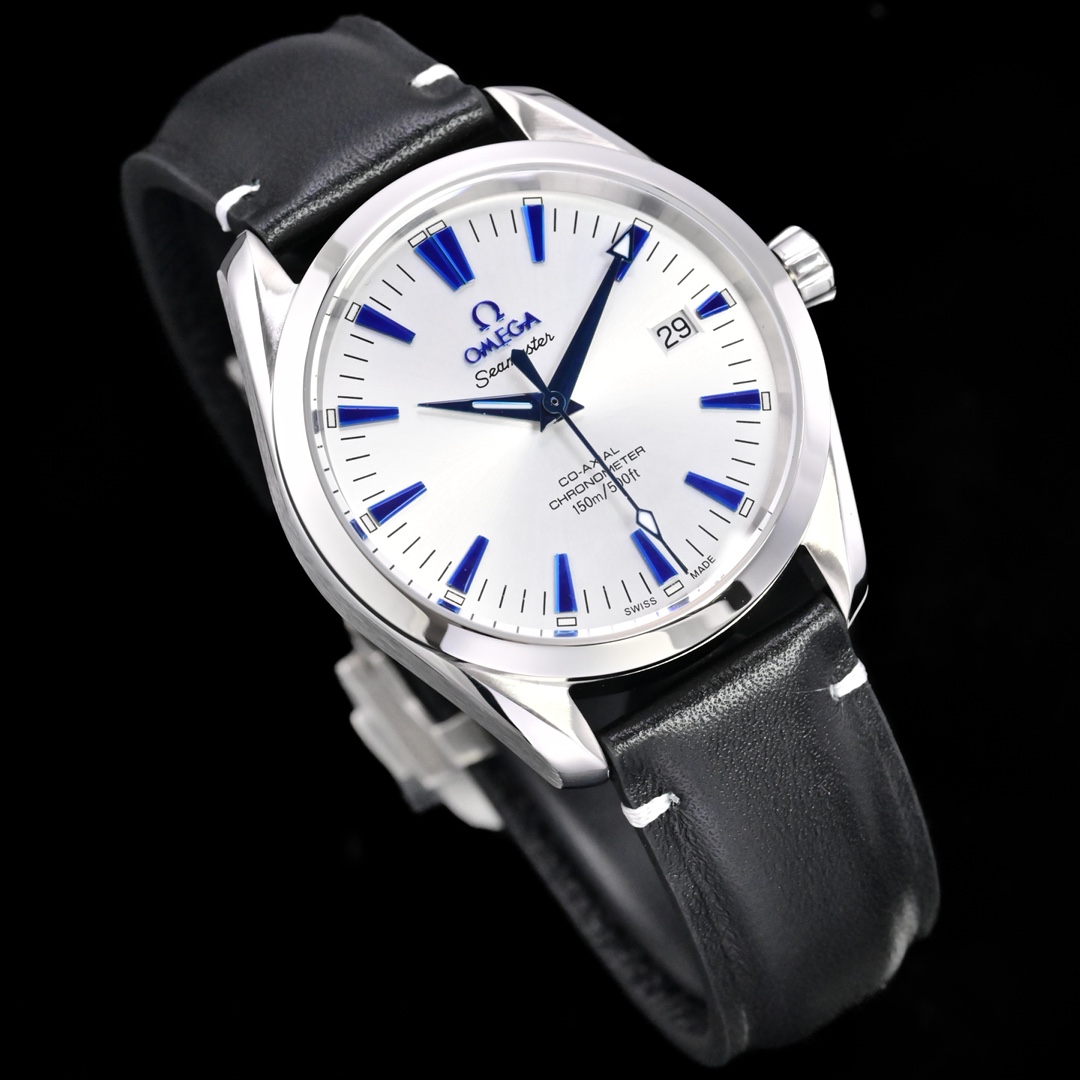 Omega Seamaster Aqua Terra 150M Co-Axial Chronometer 39mm stainless steel case bezel, silver dial, blue markers and hands, black leather strap 39mm Men's Automatic