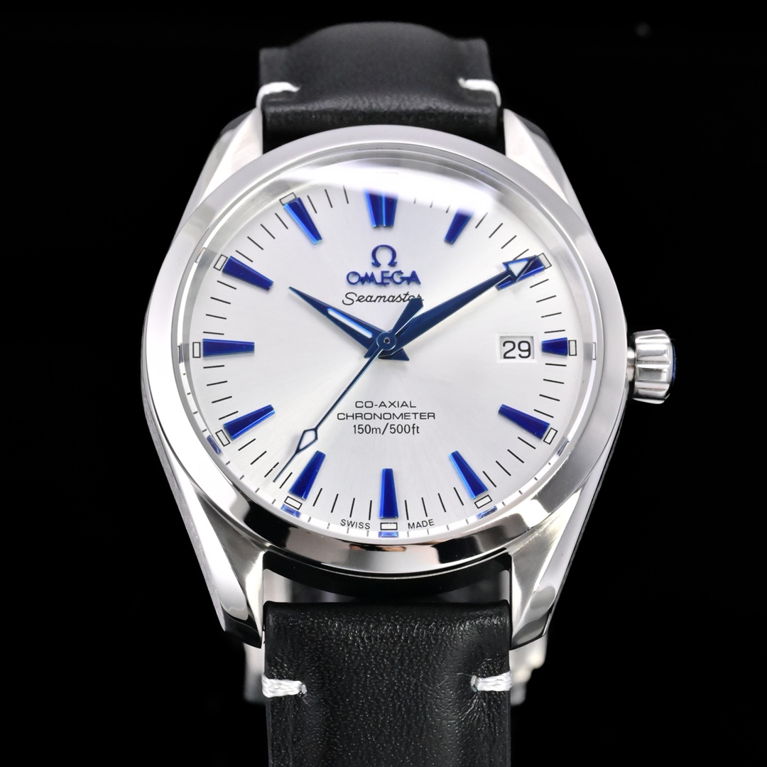 Omega Seamaster Aqua Terra 150M Co-Axial Chronometer 39mm stainless steel case bezel, silver dial, blue markers and hands, black leather strap 39mm Men's Automatic