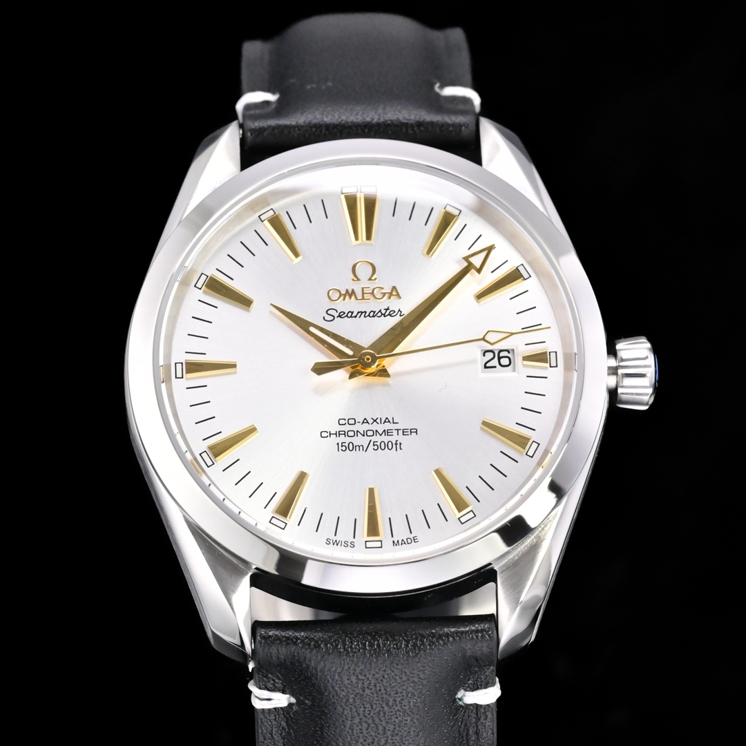 Omega Seamaster Aqua Terra 150M silver case, silver dial, gold-tone indices and hands, black leather strap 39mm Men's Automatic