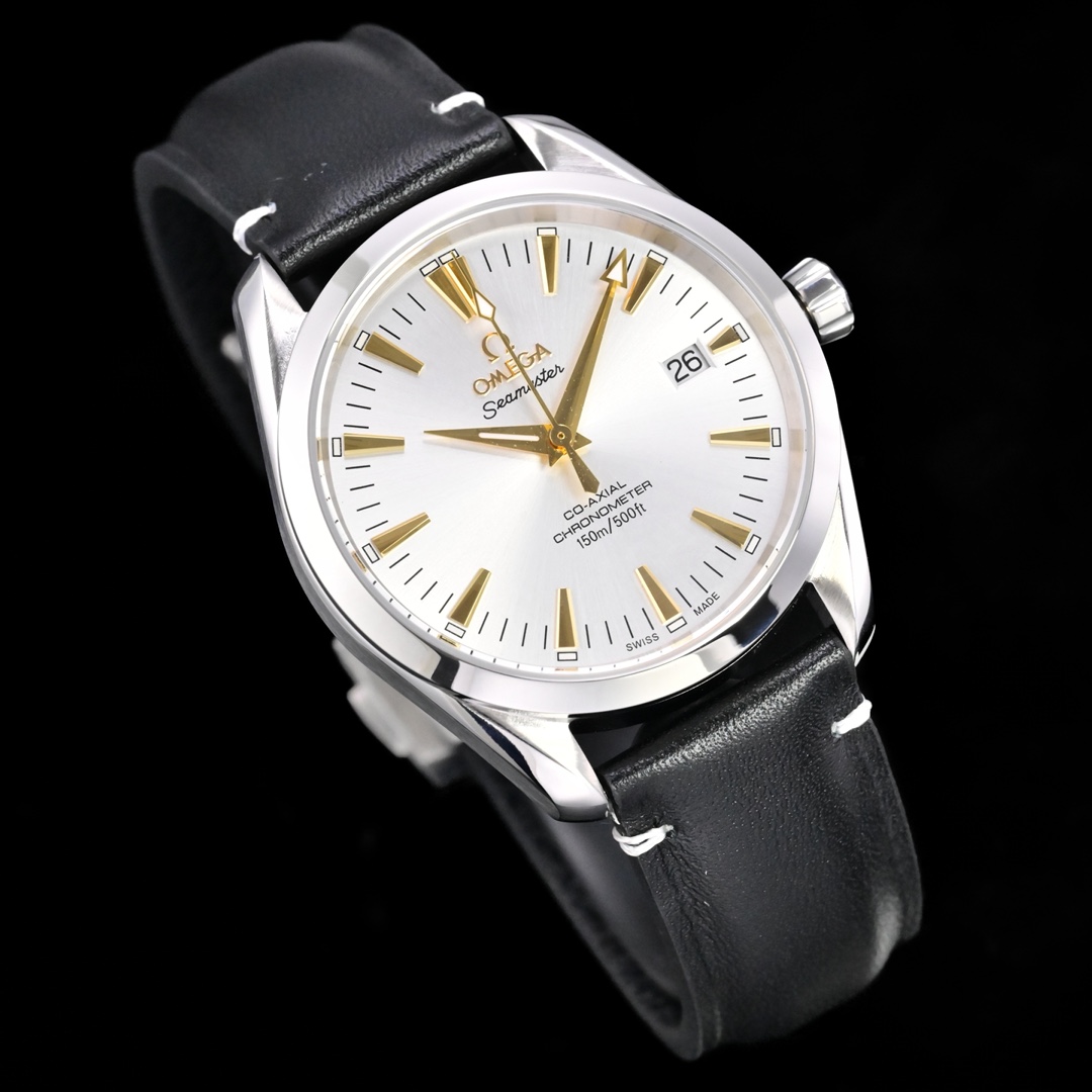 Omega Seamaster Aqua Terra 150M silver case, silver dial, gold-tone indices and hands, black leather strap 39mm Men's Automatic