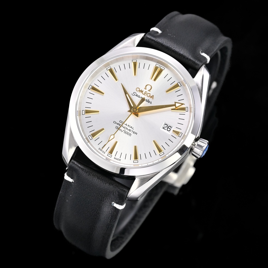 Omega Seamaster Aqua Terra 150M silver case, silver dial, gold-tone indices and hands, black leather strap 39mm Men's Automatic