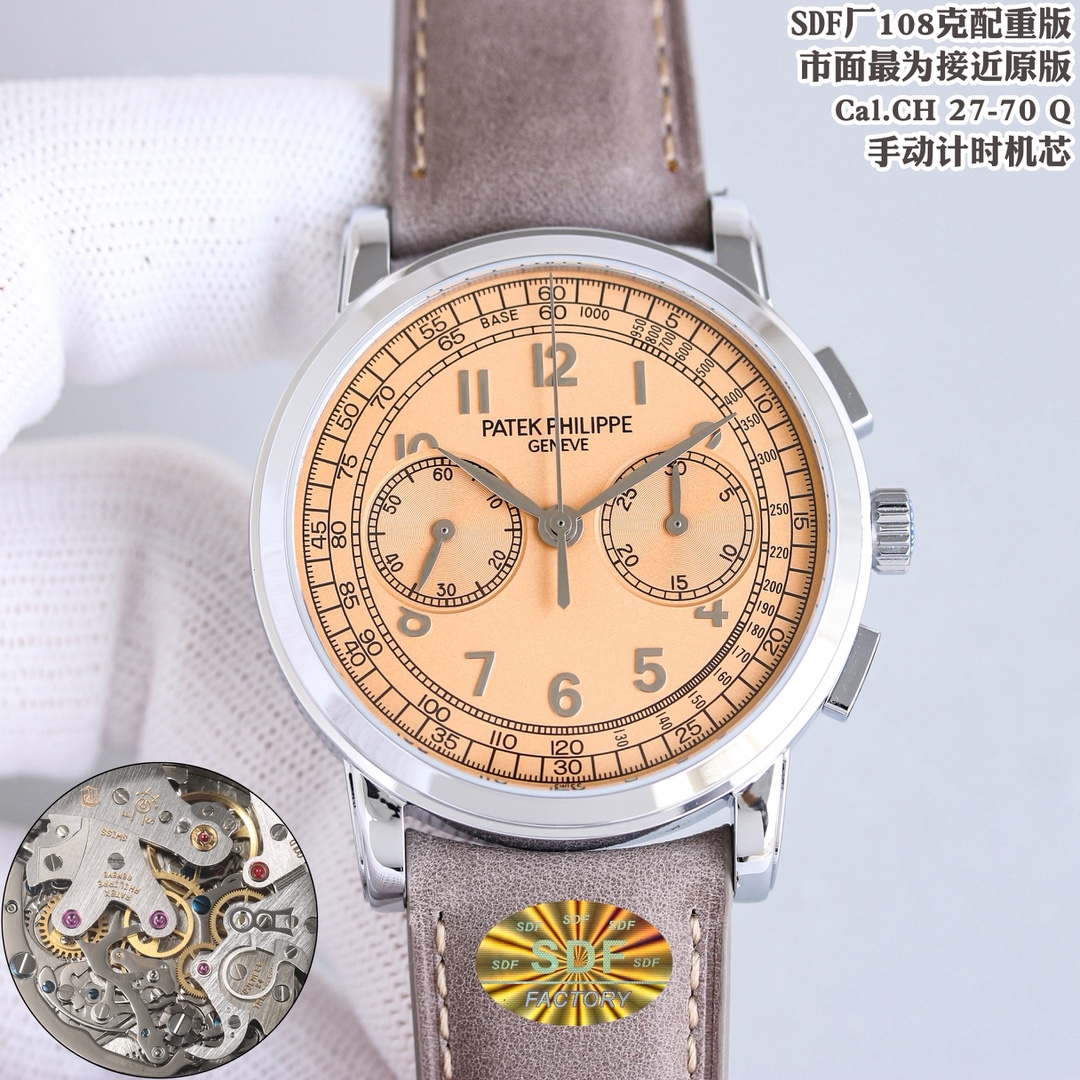 NO:728619,Produced by SDF SDF Factory 108g counterweight version Patek Philippe CM6 complex function chronograph series back-winding manual chronograph 1 size 42mm13mm PP 2 movements exclusively customized and modified Cal.CH 27-70 Q manual chronograph movement, currently the closest to the original version on the market 3 case 316L stainless steel case stepped bezel. The lugs are given nano vacuum electroplating white gold and rose gold  4 straps, buckles, Italian calfskin with original kara table lantern folding clasp. SDF Factory invites you to see the most perfect mechanical beauty of back-through manual chronograph. Luxury and exquisite recommendation for men’s multifunctional mechanical watches. For best luxury gifts, please look for the exclusive quality of SDF, patek philippe, cowhide19860909SDF 出品  SDF Factory108克配重版 百达翡丽 Patek Philippe CM6 复杂功能计时系列背透手动上链计时码表 1尺寸42mm13mm PP 2机芯独家定制改装一体 Cal.CH 27-70 Q手动计时机芯,目前市面最为接近原版 3表壳316L精钢表壳阶梯式表圈.表耳赋予纳米真空电镀白金及玫瑰金 4表带表扣意大利小牛皮配以原版一致卡拉桌华灯笼折叠式表扣 SDF Factory 邀你一览最为完美的背透手动计时码表机械之美 ,奢华精致推荐男士多功能机械腕表 送礼最佳奢华推荐请认准SDF独家品质,,patek philippe,cowhide,Watch