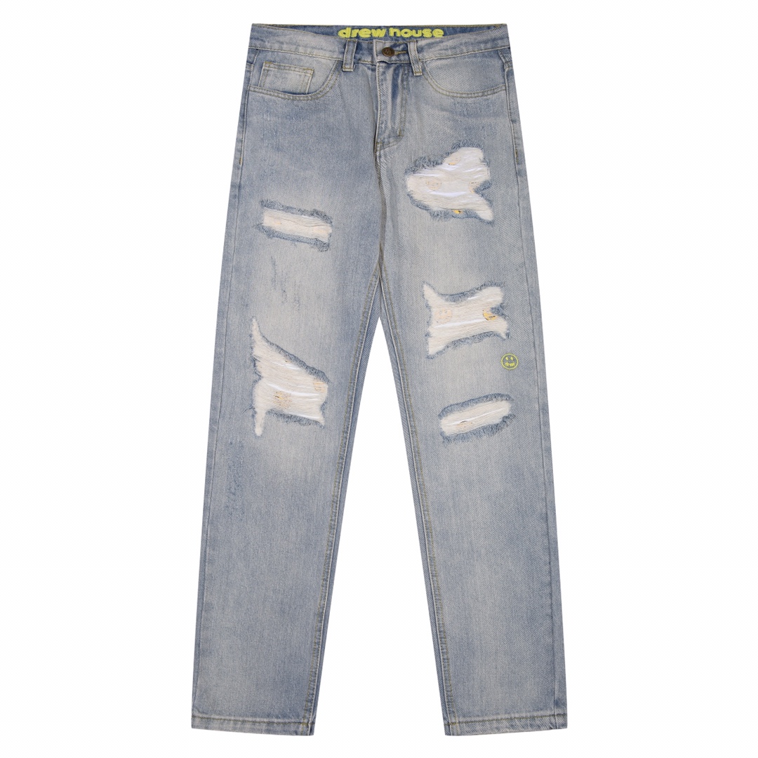 Drew House Light Blue Ripped Jeans with Smiley Face Patches - Streetwear Style