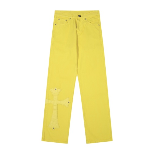 Chrome Hearts Yellow Denim Jeans with Cross Patch Detail - Unisex Style 1 Chrome Hearts Yellow Denim Jeans with Cross Patch Detail - Unisex Style