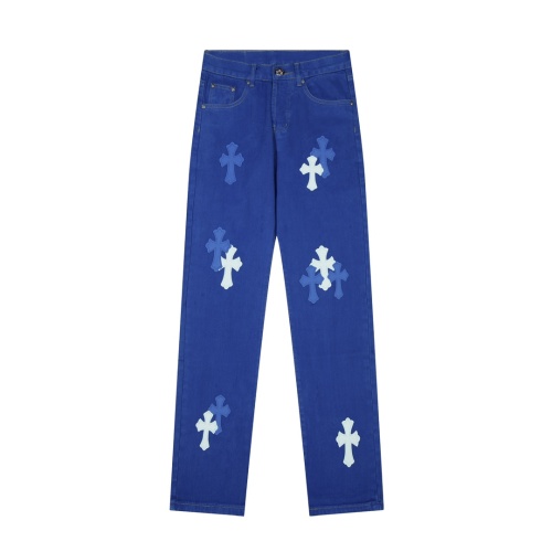 Chrome Hearts Blue Jeans with Cross Patches - Stylish and Unique Design