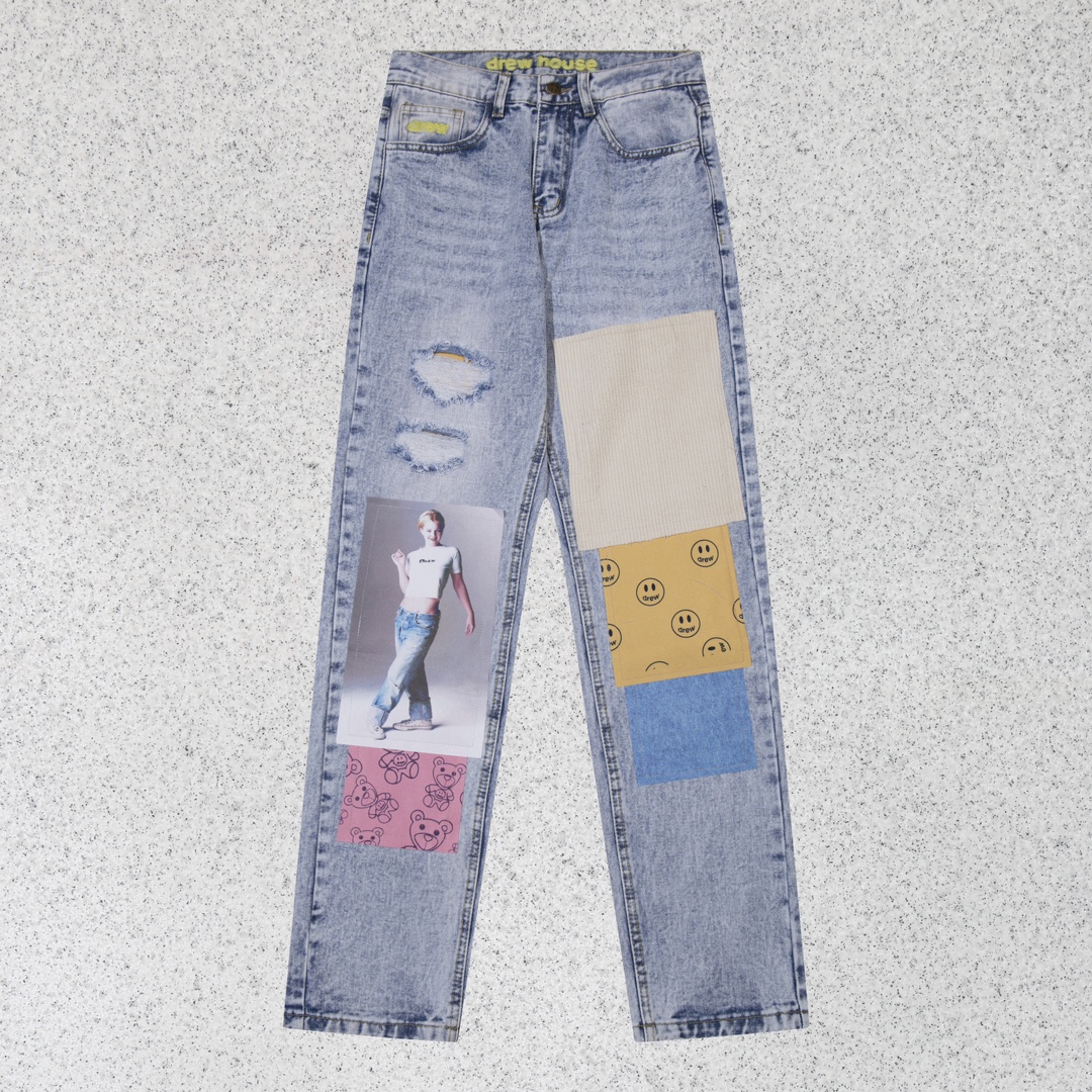 Drew House Jeans met Smiley Patchwork en Ruwe Details - Blauw, S-XXL
