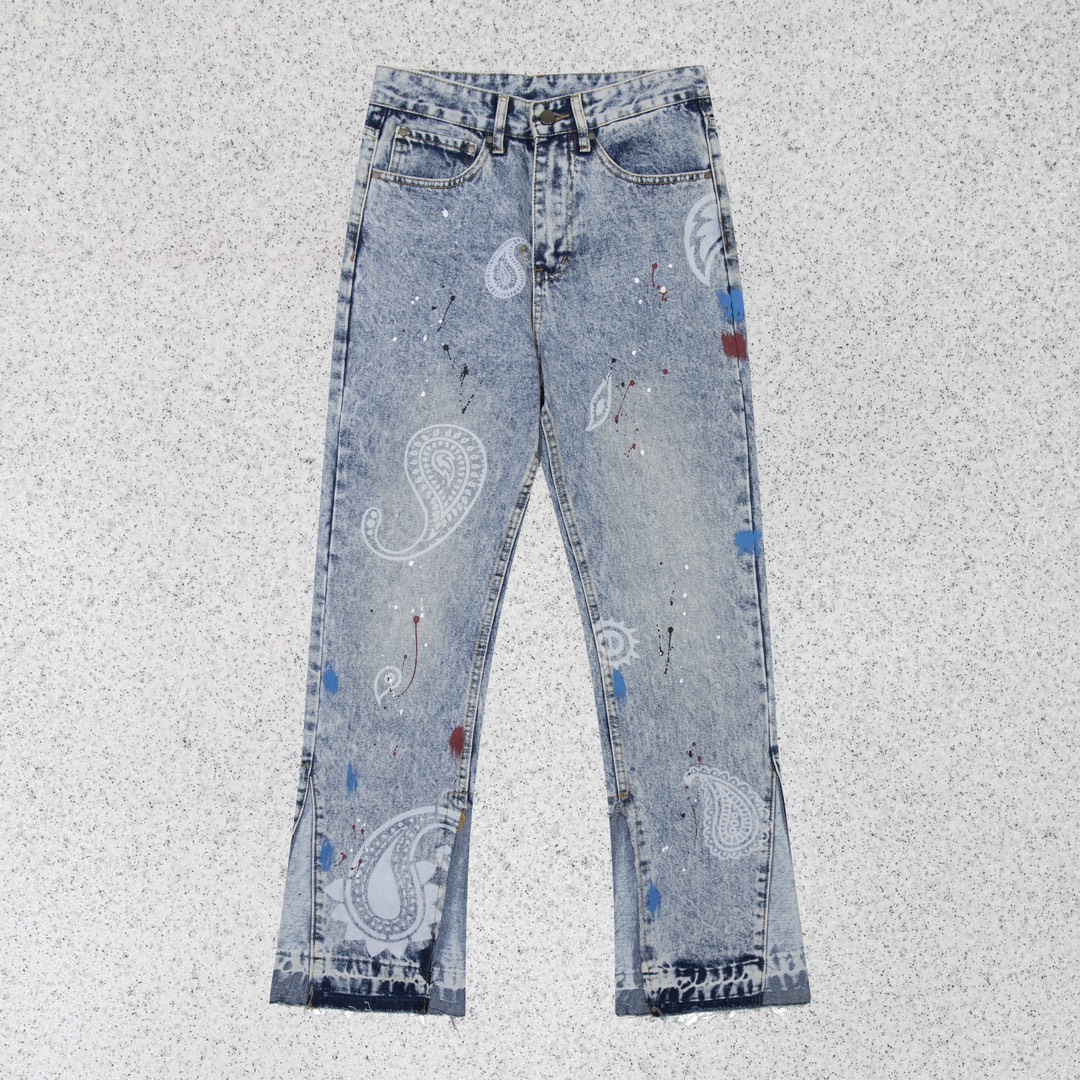 Vintage Wash Denim Jeans with Paisley Print and Split Hem - Slim Fit