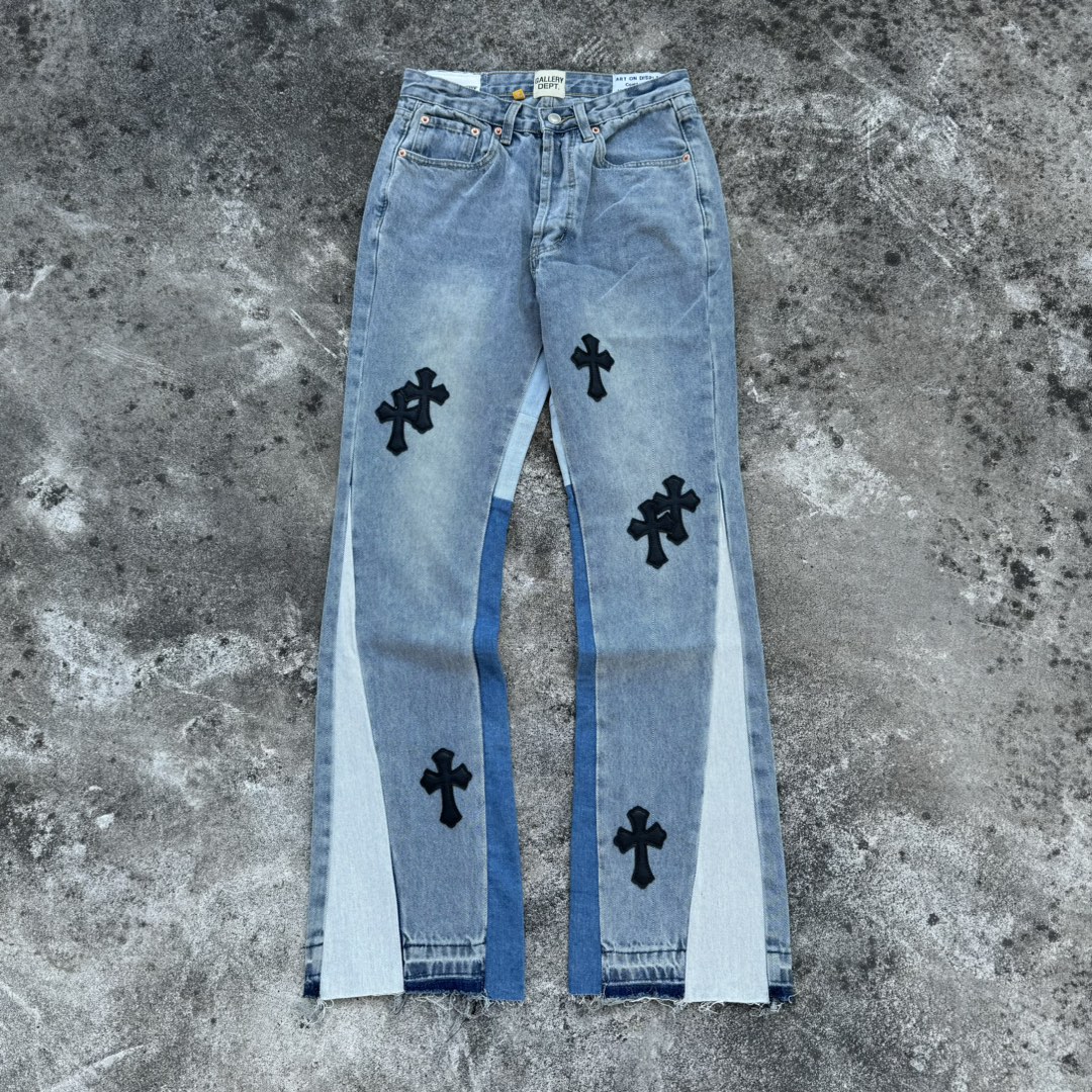 Gallery Dept Vintage Washed Flared Jeans with Cross Patches - Unisex Design