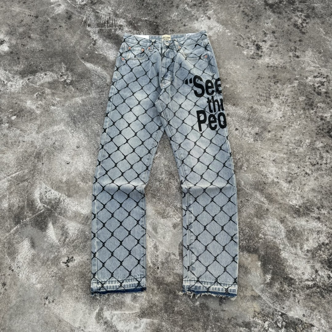 Gallery Dept. Iron Wire Letter Printed Denim Jeans Water Wash Old Patchwork
